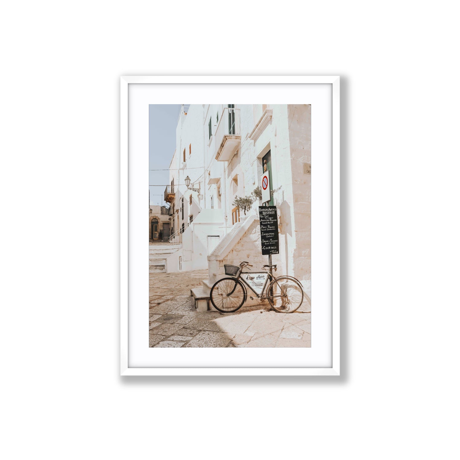 La Bicicletta Puglia Ostuni wall art Large fine art print in white frame with matboard