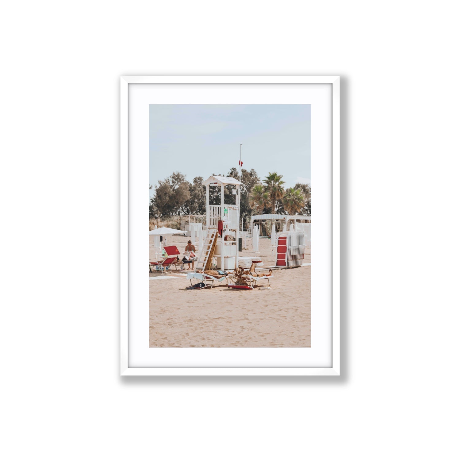 Red Lounge Reverie Puglia beach coastal wall art Large fine art print in white frame with matboard