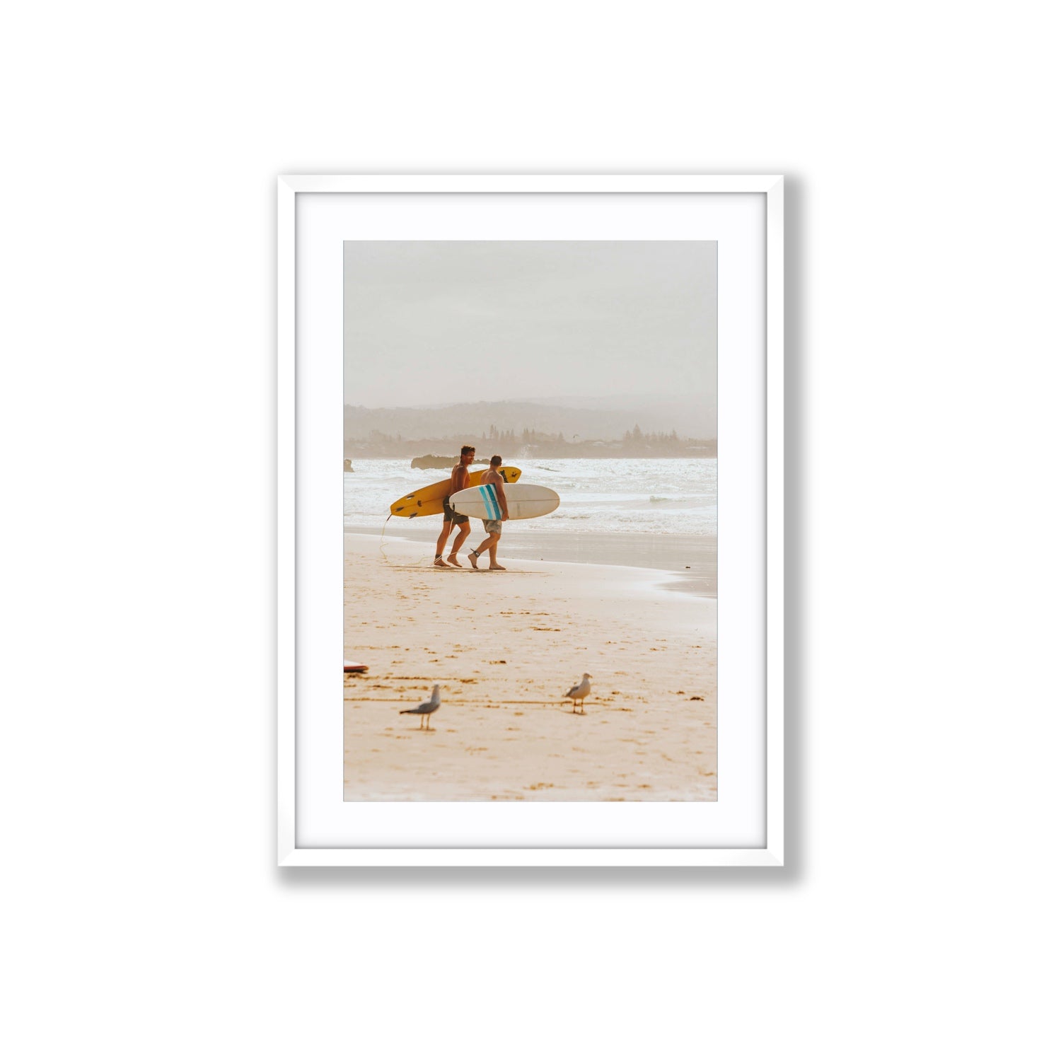 Shane & Benji Byron Bay Surf coastal wall art Large fine art print in white frame with matboard