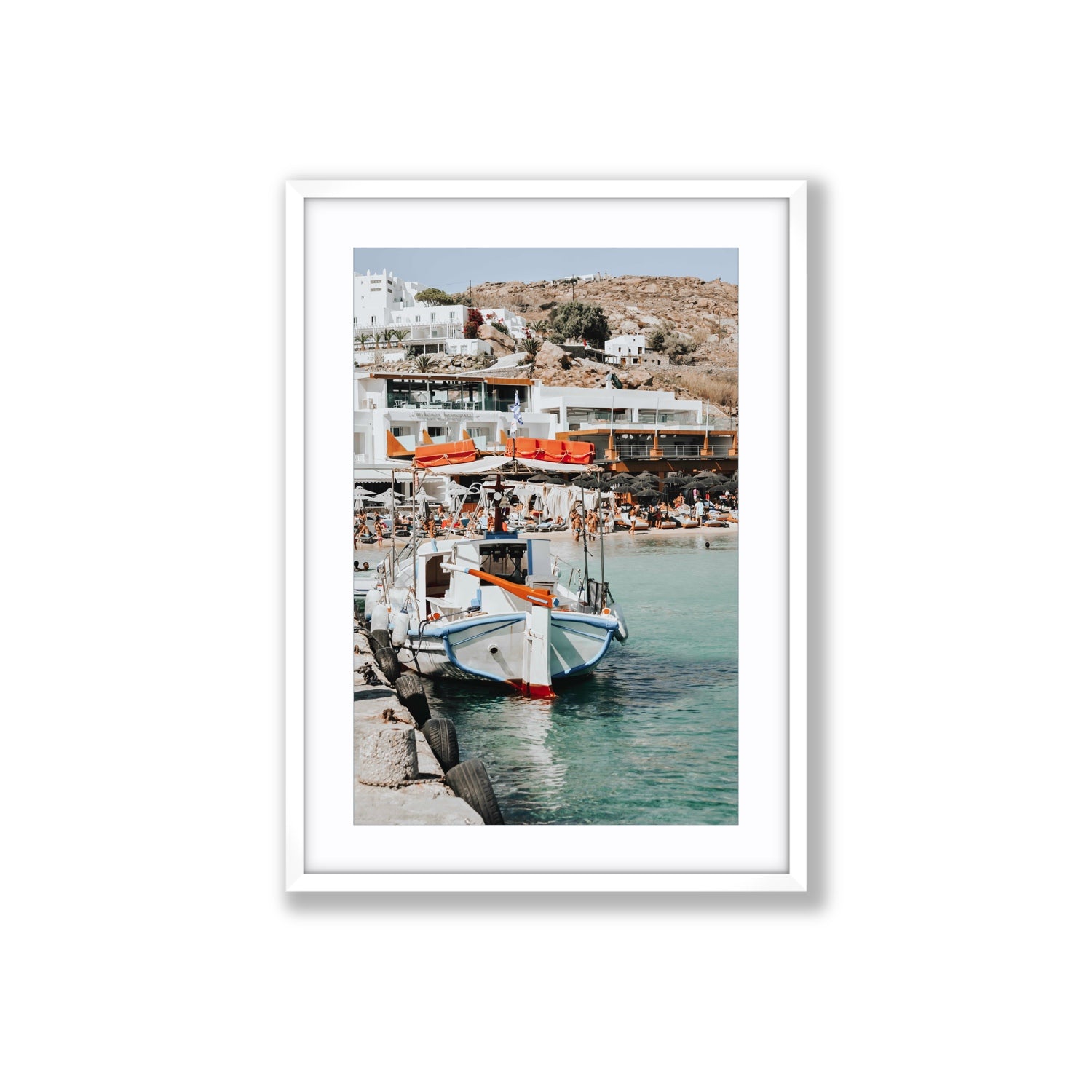 Travel In Style Mykonos Greek island wall art Large fine art print in white frame with matboard