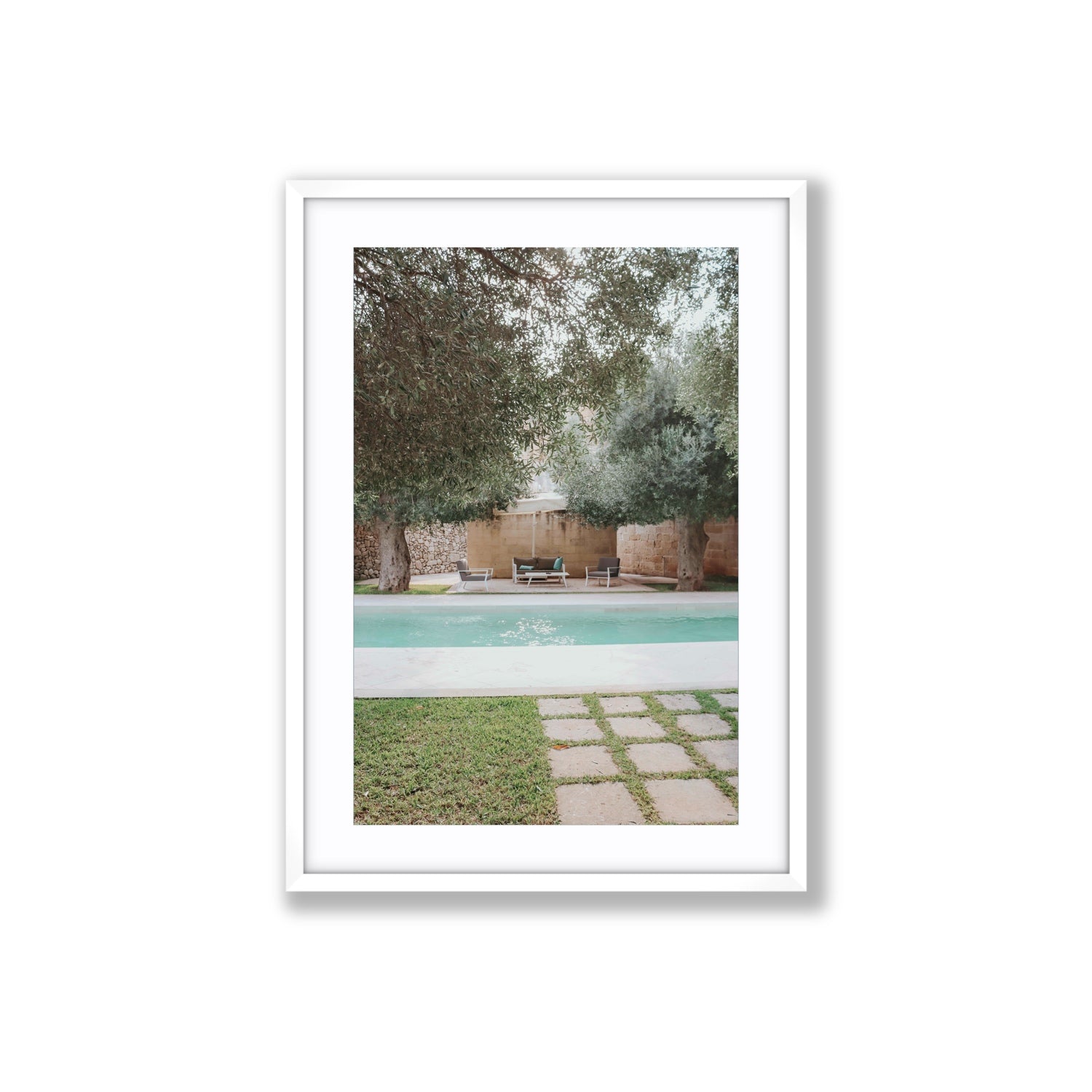 Idyllic Escape Puglia Mediterranean wall art Large fine art print in white frame with matboard