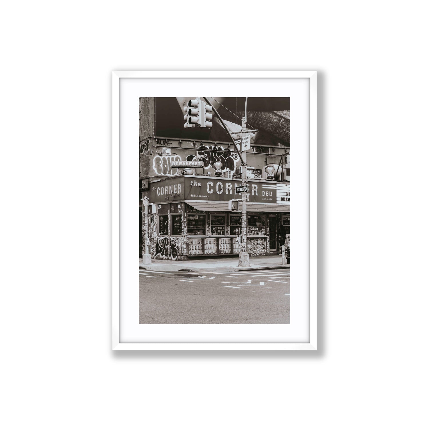 Soho Deli New York NYC Black & White wall art Large fine art print in white frame with matboard
