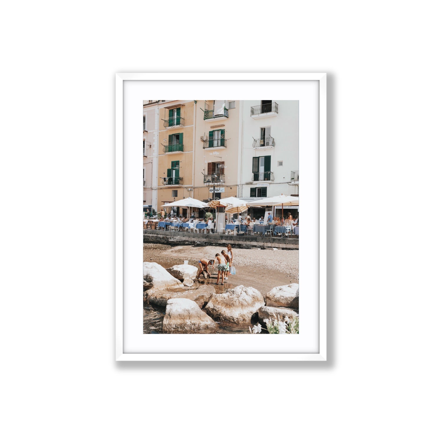 Sunny Playtime Sorrento coastal wall art Large fine art print in white frame with matboard