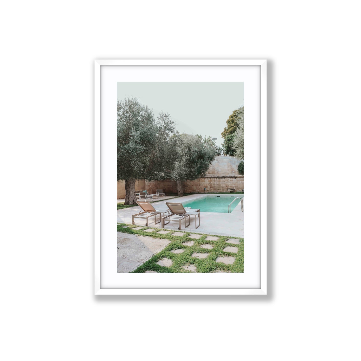 Olive Oasis Puglia Mediterranean wall art Large fine art print in white frame with matboard