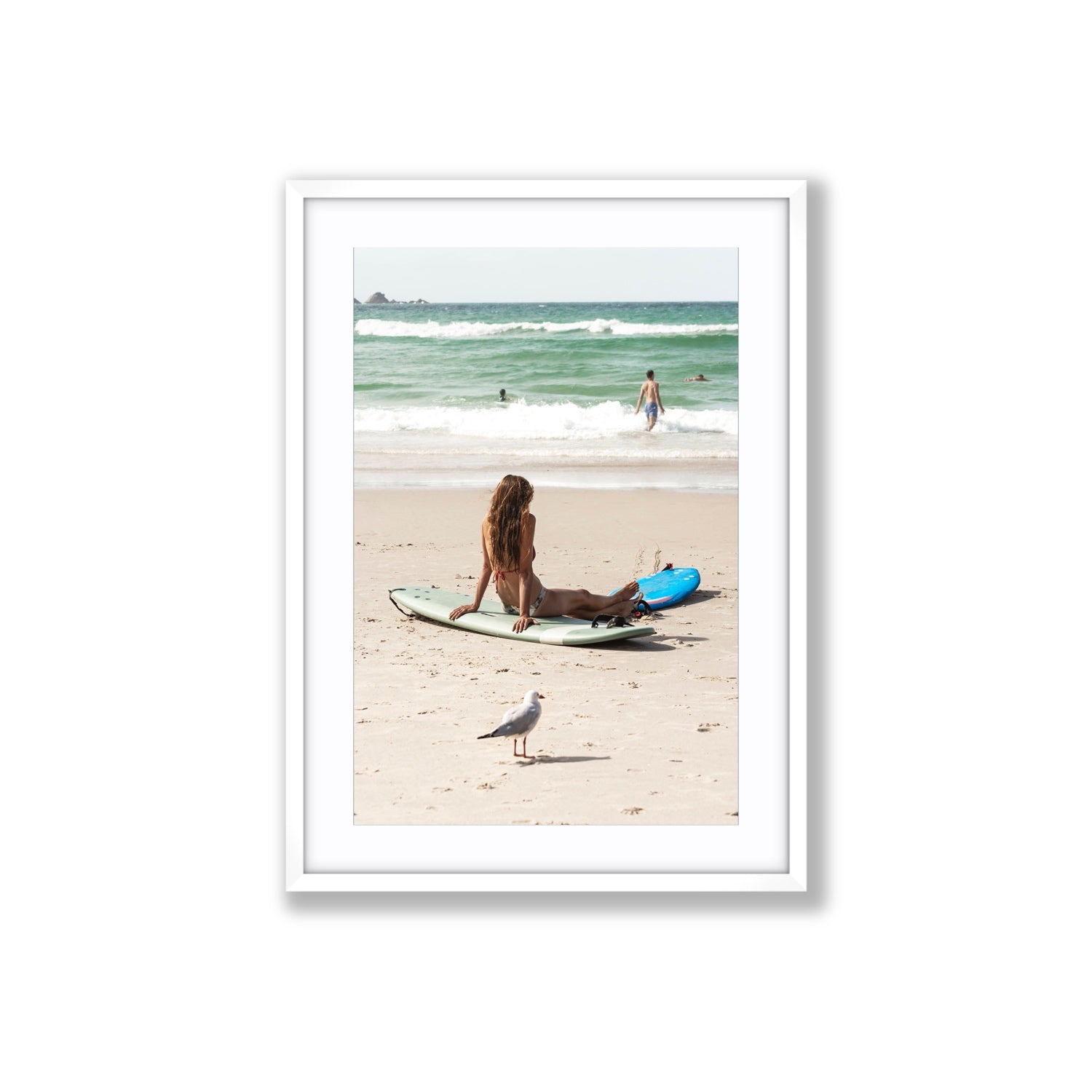 Carissa Byron Bay Surf coastal wall art Large fine art print in white frame with matboard