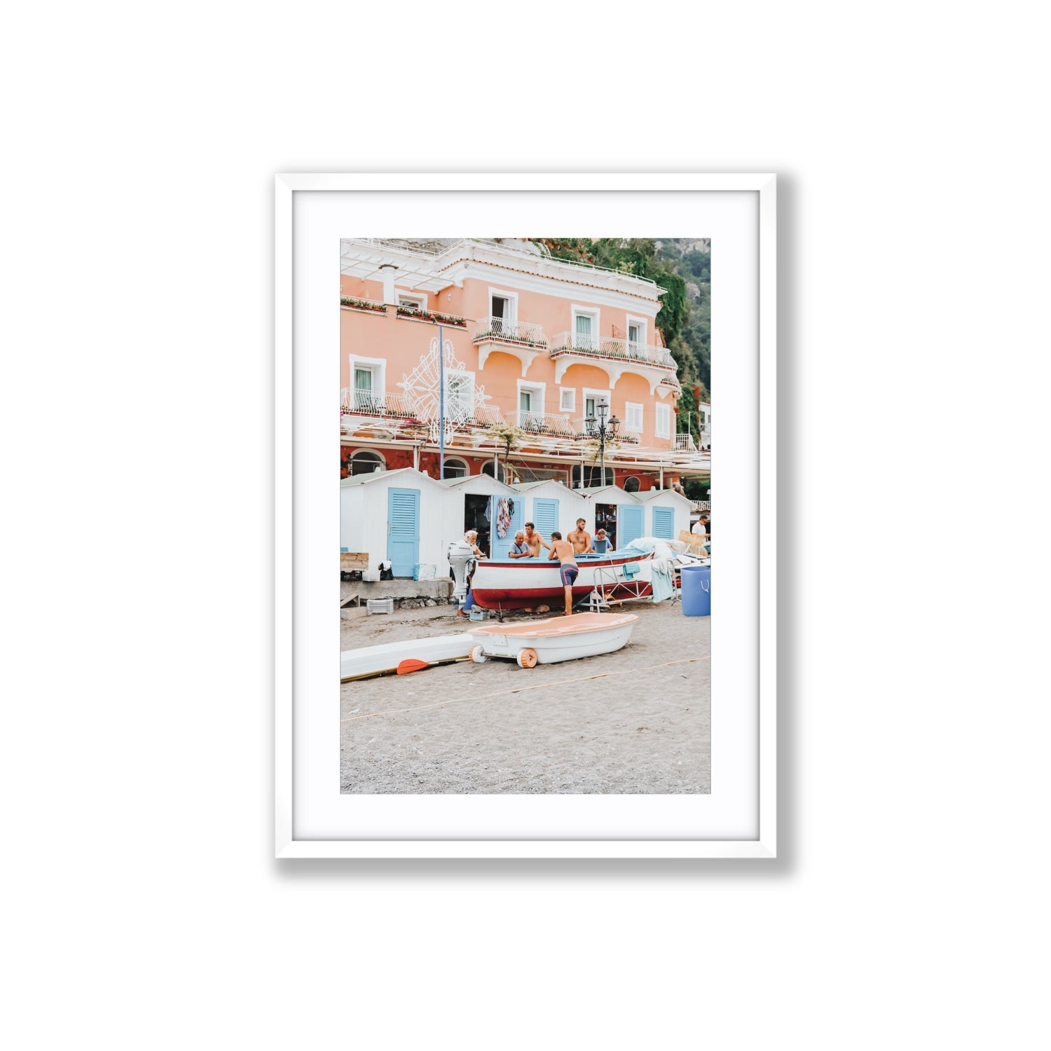 La Riunione della Mattina fine art print, Positano, Italy, Large, White Frame · Matboard, Fine Art Print