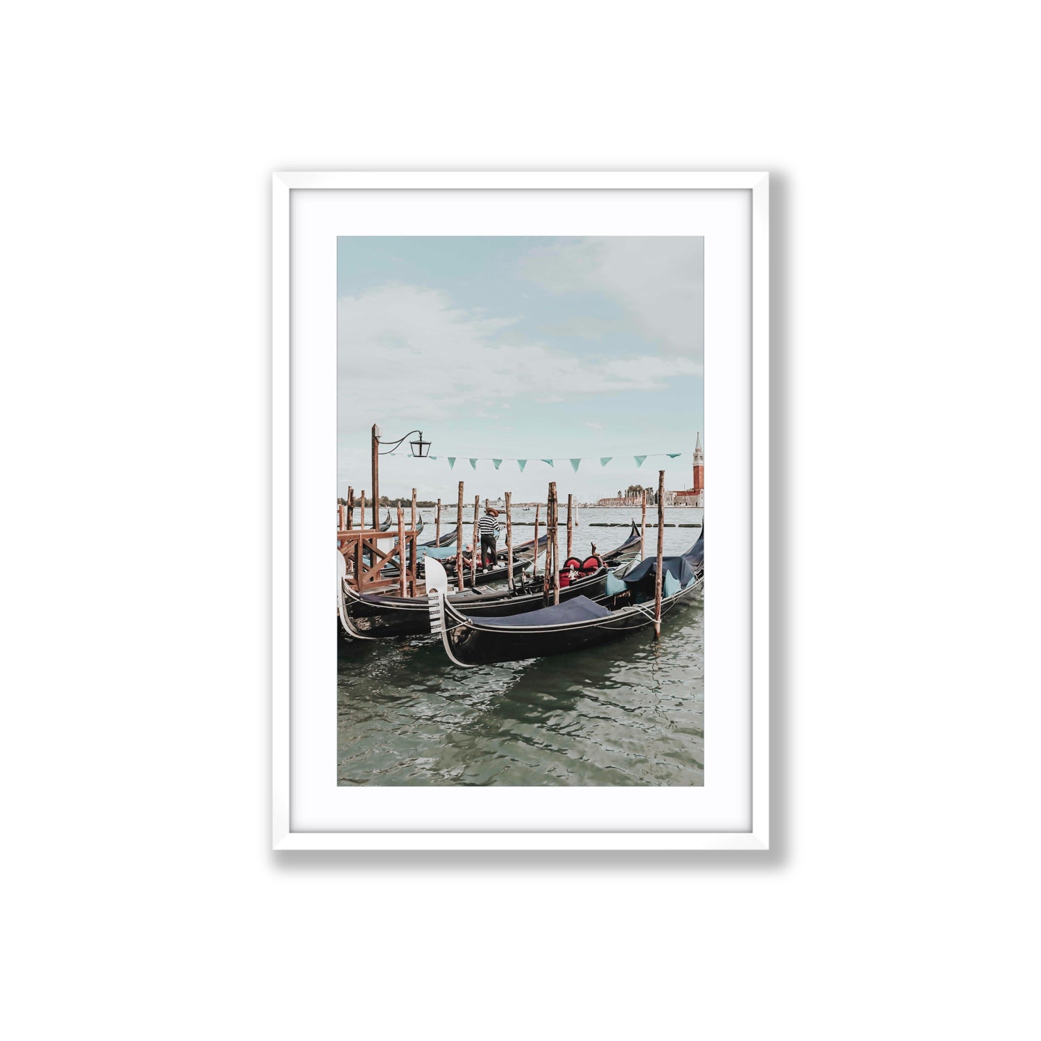 The Gondolier Venice Gondola Italian wall art Large fine art print in white frame with matboard