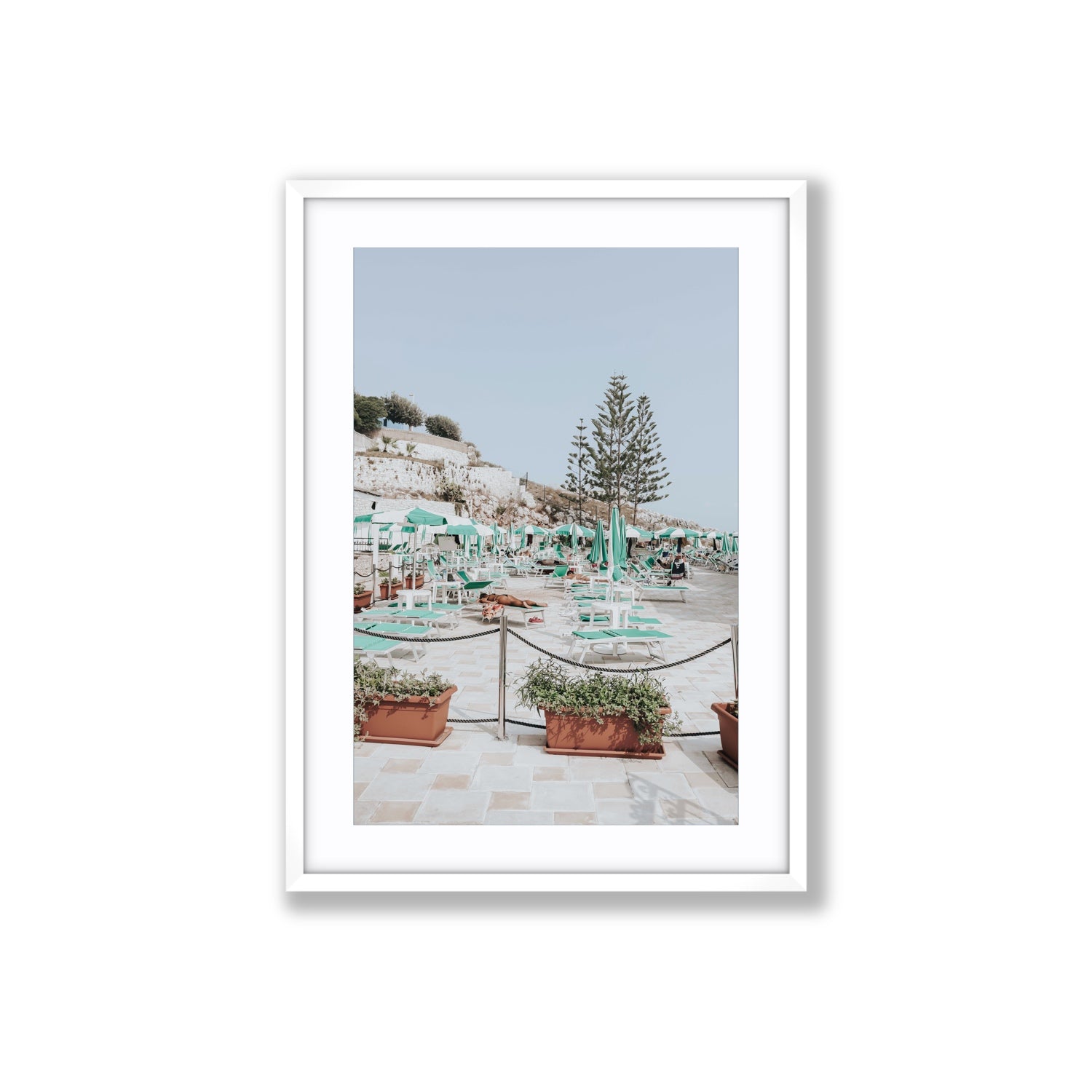 Siesta on The Terrace Puglia coastal wall art Large fine art print in white frame with matboard