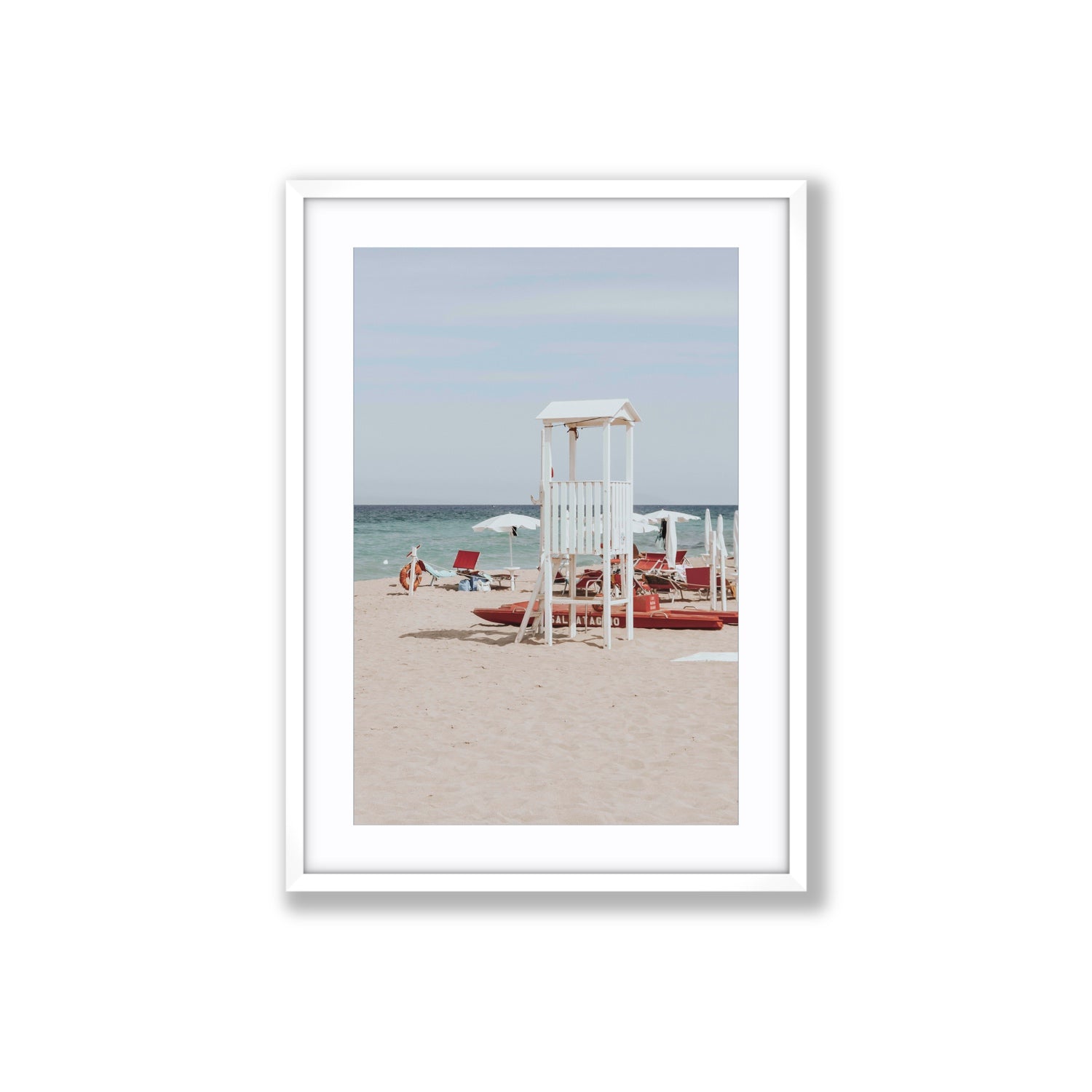 Barefoot Bliss Puglia beach Italian coastal decor wall art Large fine art print in white frame with matboard