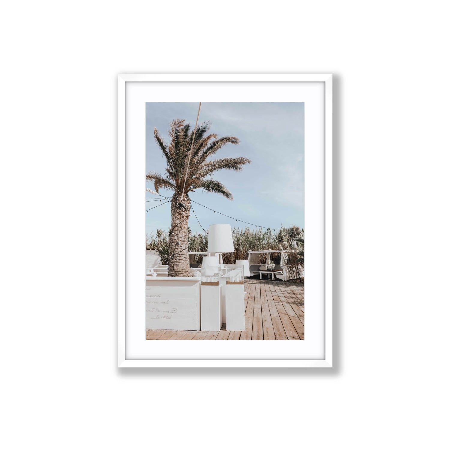 Seabreeze Palm Puglia coastal beach wall art Large fine art print in white frame with matboard
