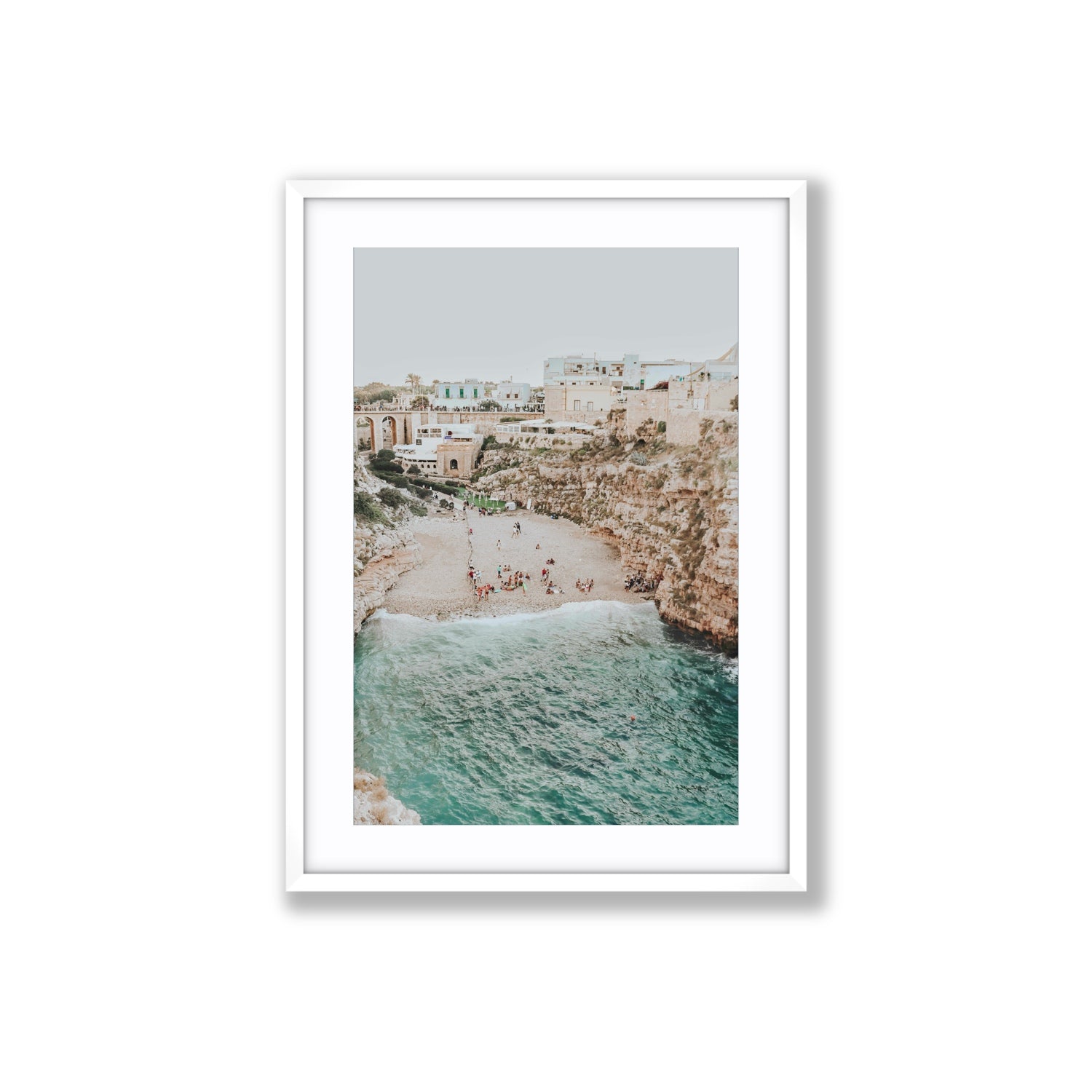 Polignano Vista Puglia coastal Italian beach fine art print Large fine art print in white frame with matboard