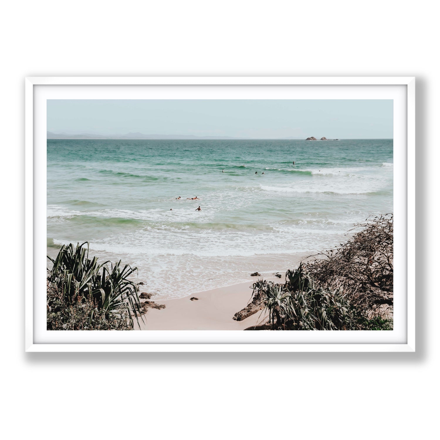 Surf City Byron Bay Surf coastal wall art Statement fine art print in white frame with matboard