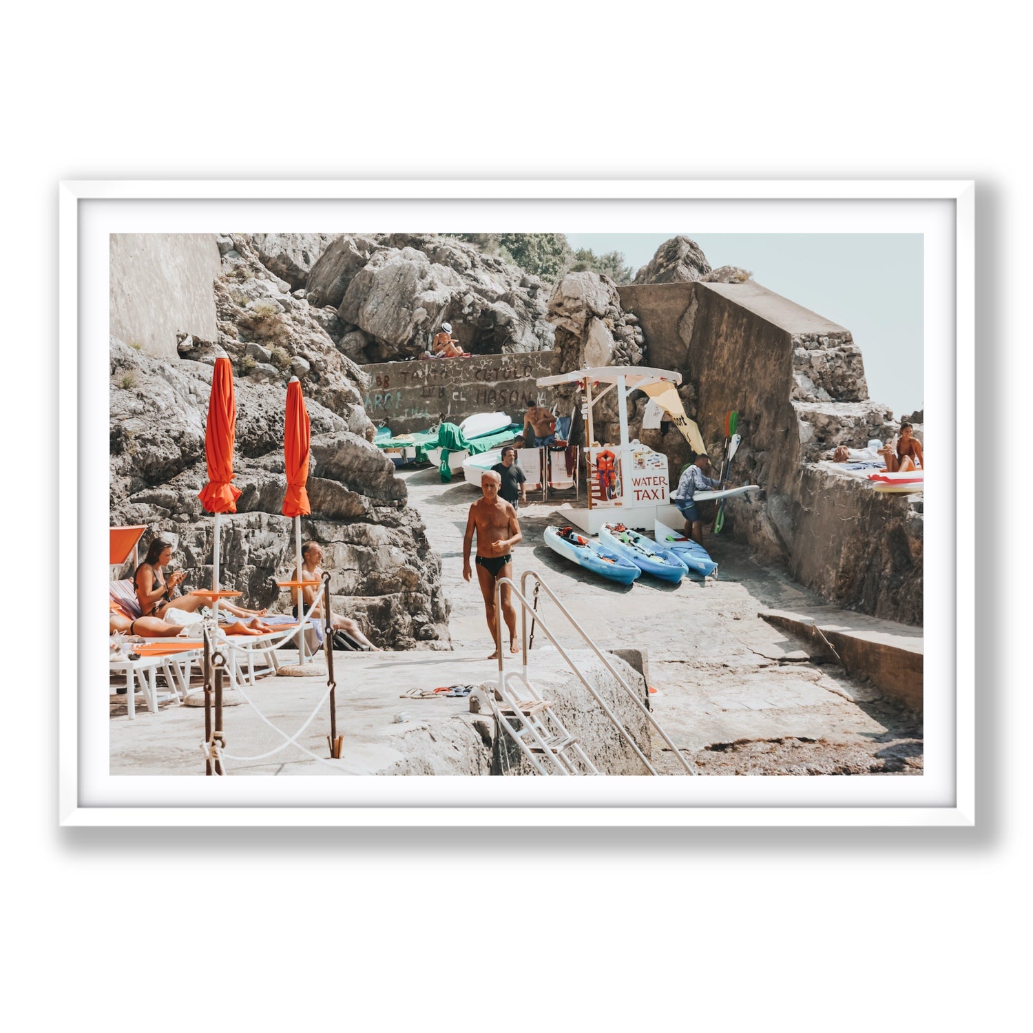 The Local Praiano Amalfi Coast Mediterranean wall art Statement fine art print in white frame with matboard