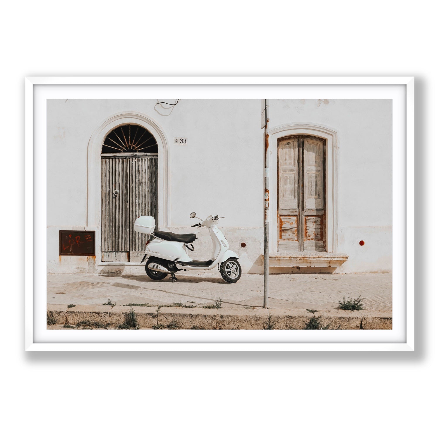 Vespa Nostalgia Puglia Italian wall art Statement fine art print in white frame with matboard