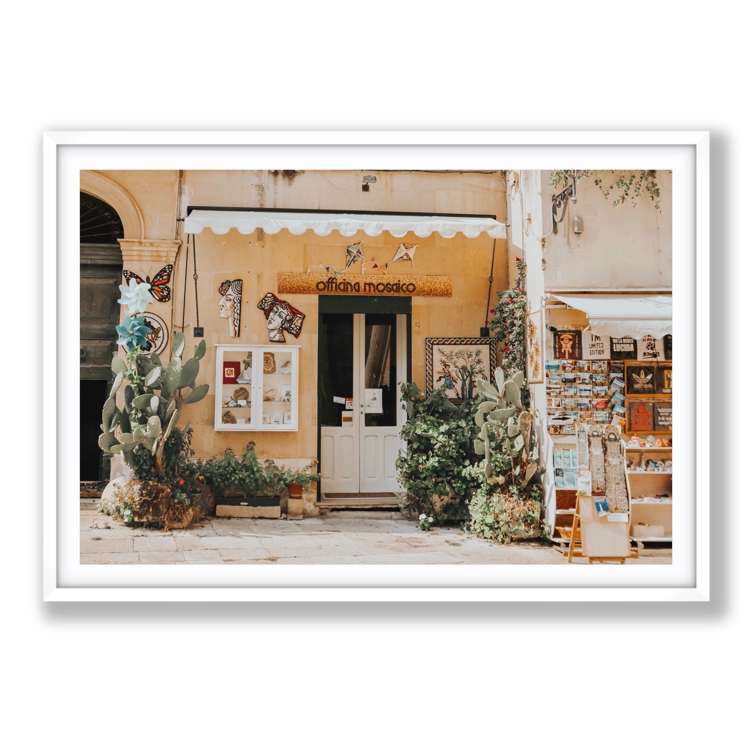 Mosaic Workshop Puglia Italian wall art Statement fine art print in white frame with matboard
