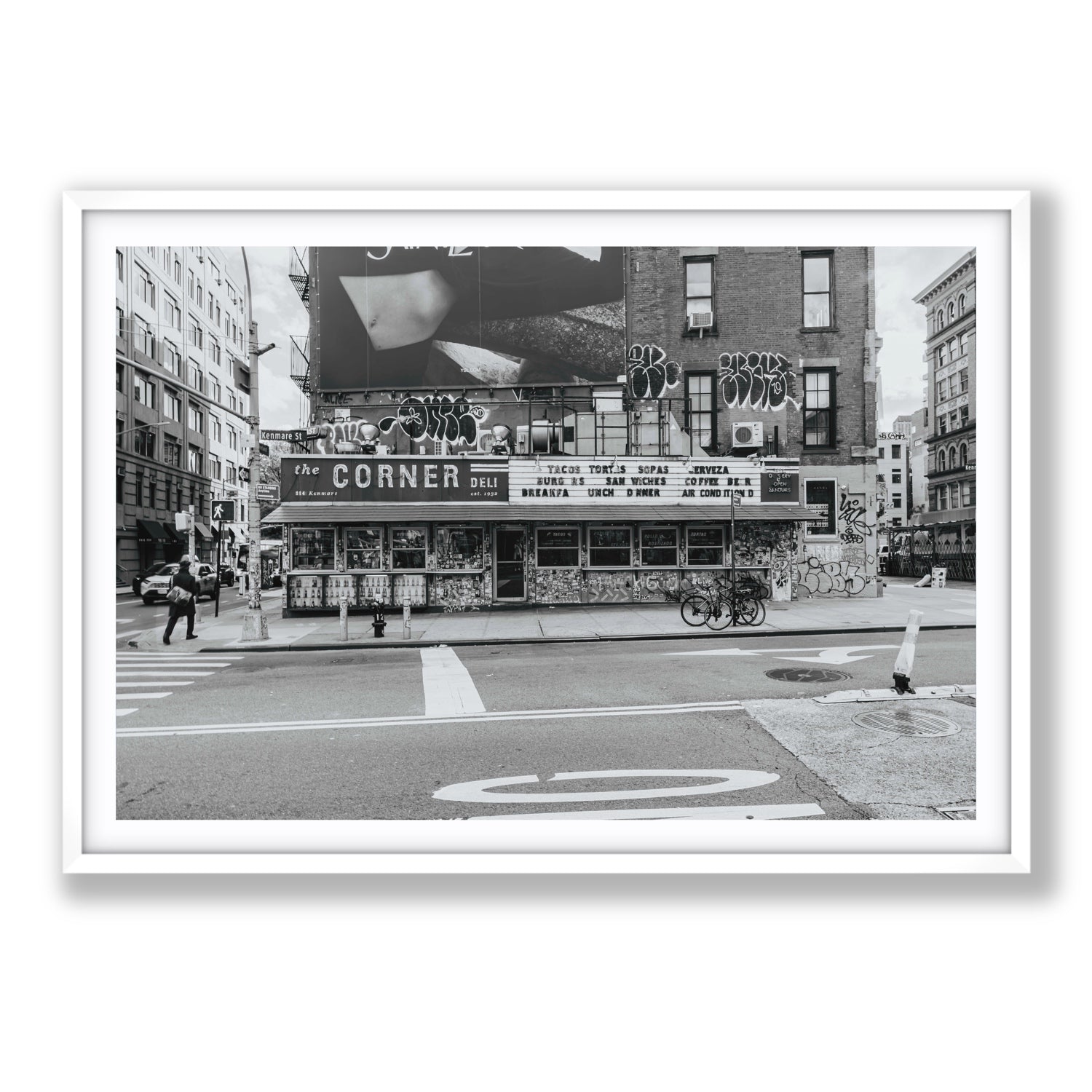 Kenmare Street New York NYC Black & White wall art Statement fine art print in white frame with matboard