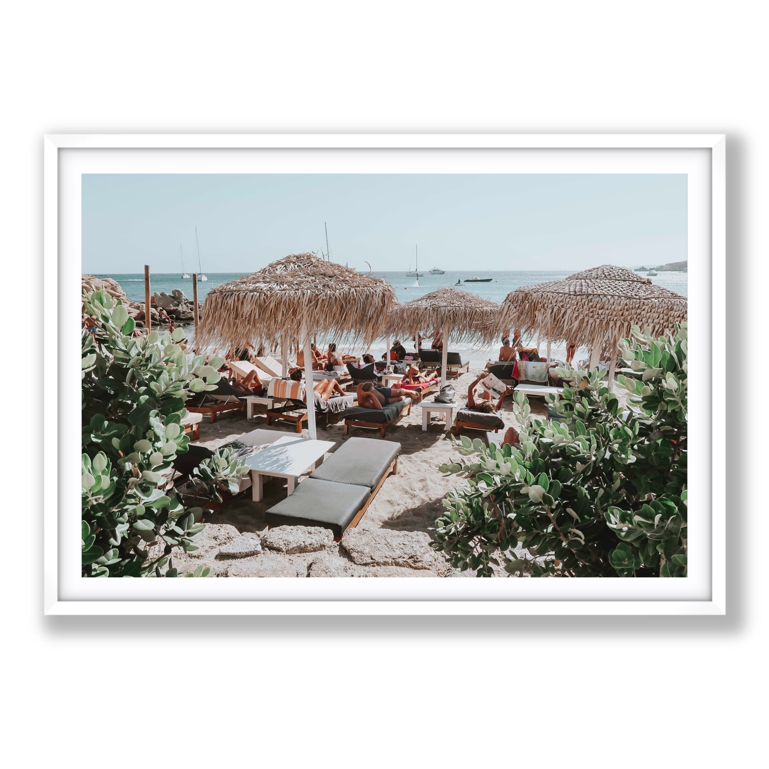 Greek Haven Mykonos Greek island coastal wall art Statement fine art print in white frame with matboard
