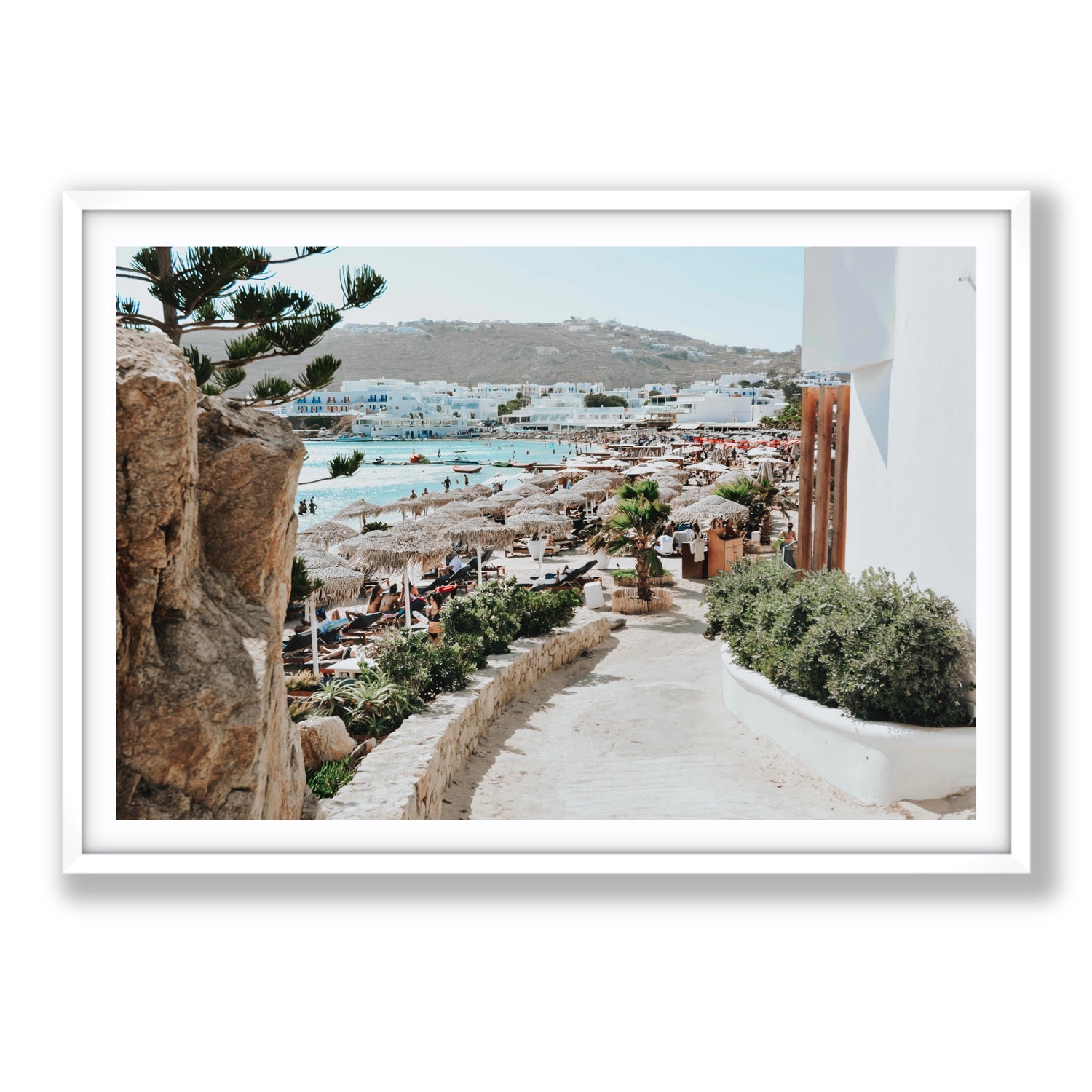 Kalimera Mykonos Greek island wall art Statement fine art print in white frame with matboard