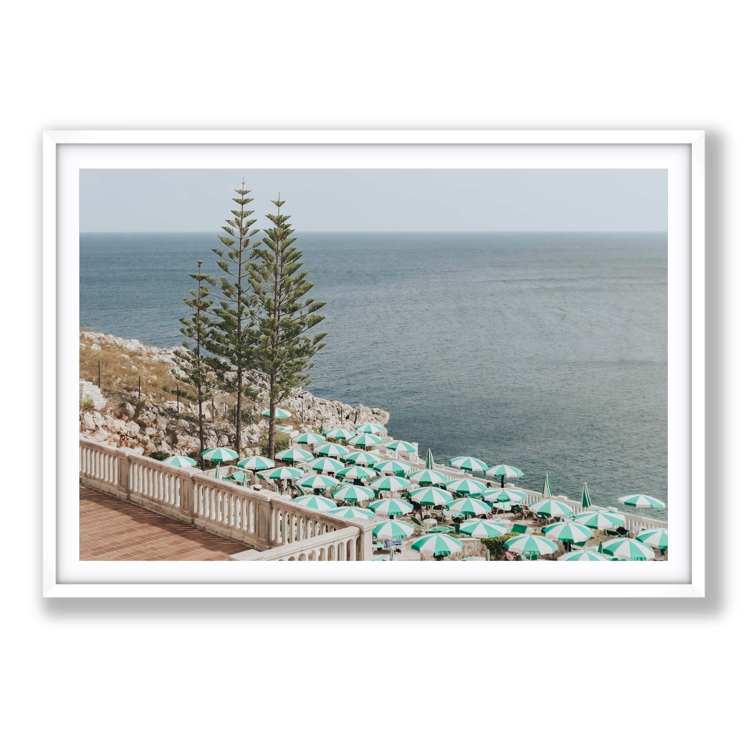 Azure Horizon Puglia beach coastal wall art Statement fine art print in white frame with matboard