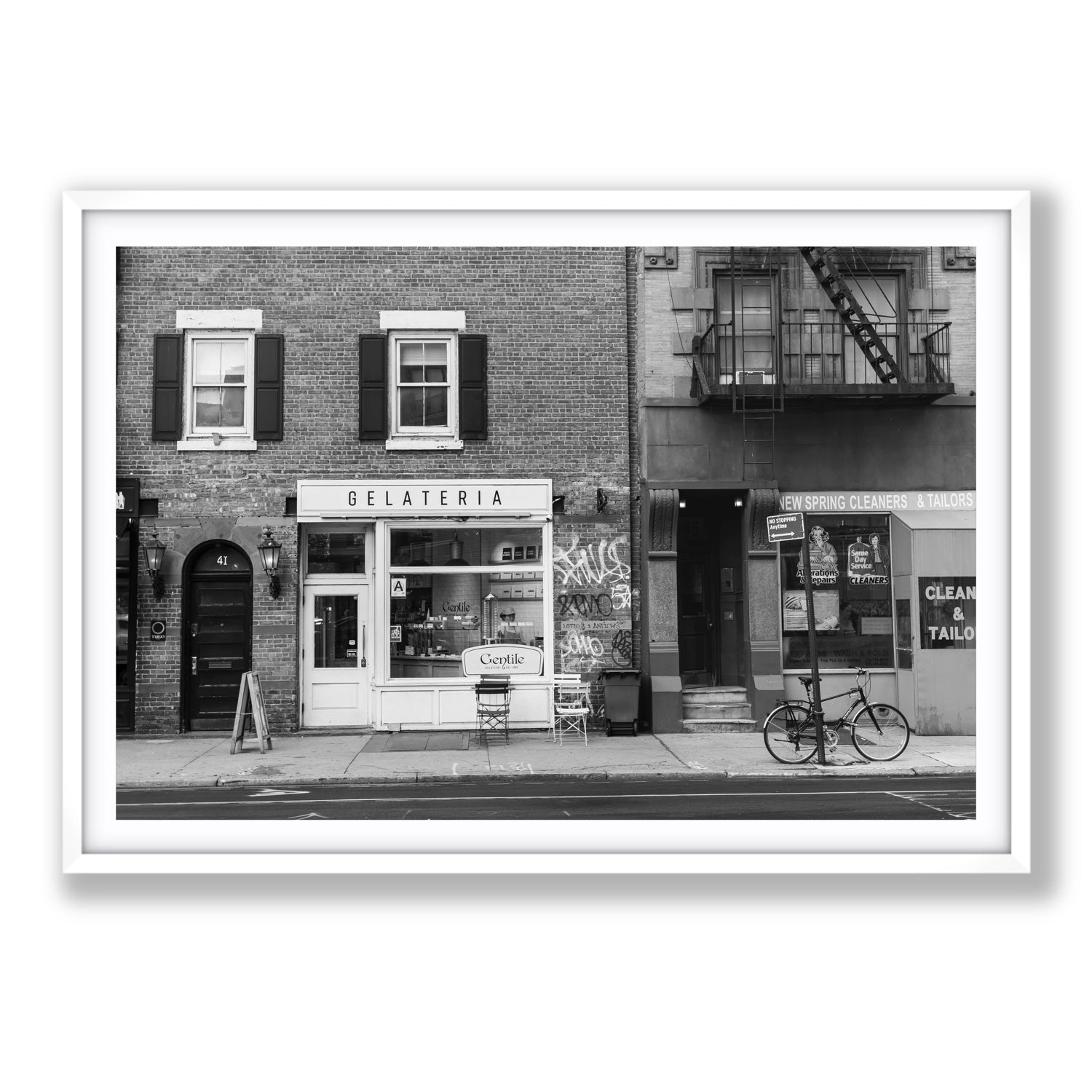 West Village Dolcezza New York NYC Black & White wall art Statement fine art print in white frame with matboard