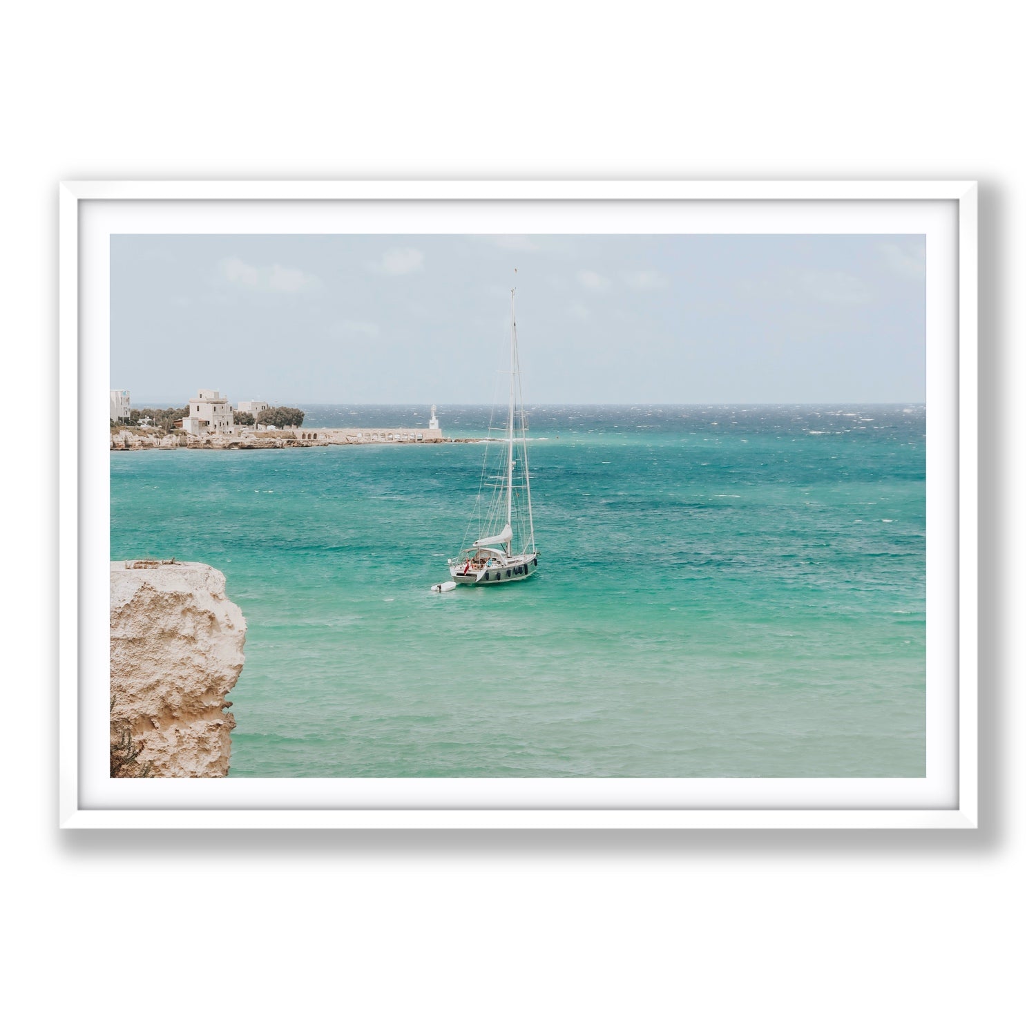Adriatic Escape Puglia Italian coastal decor wall art Statement fine art print in white frame with matboard
