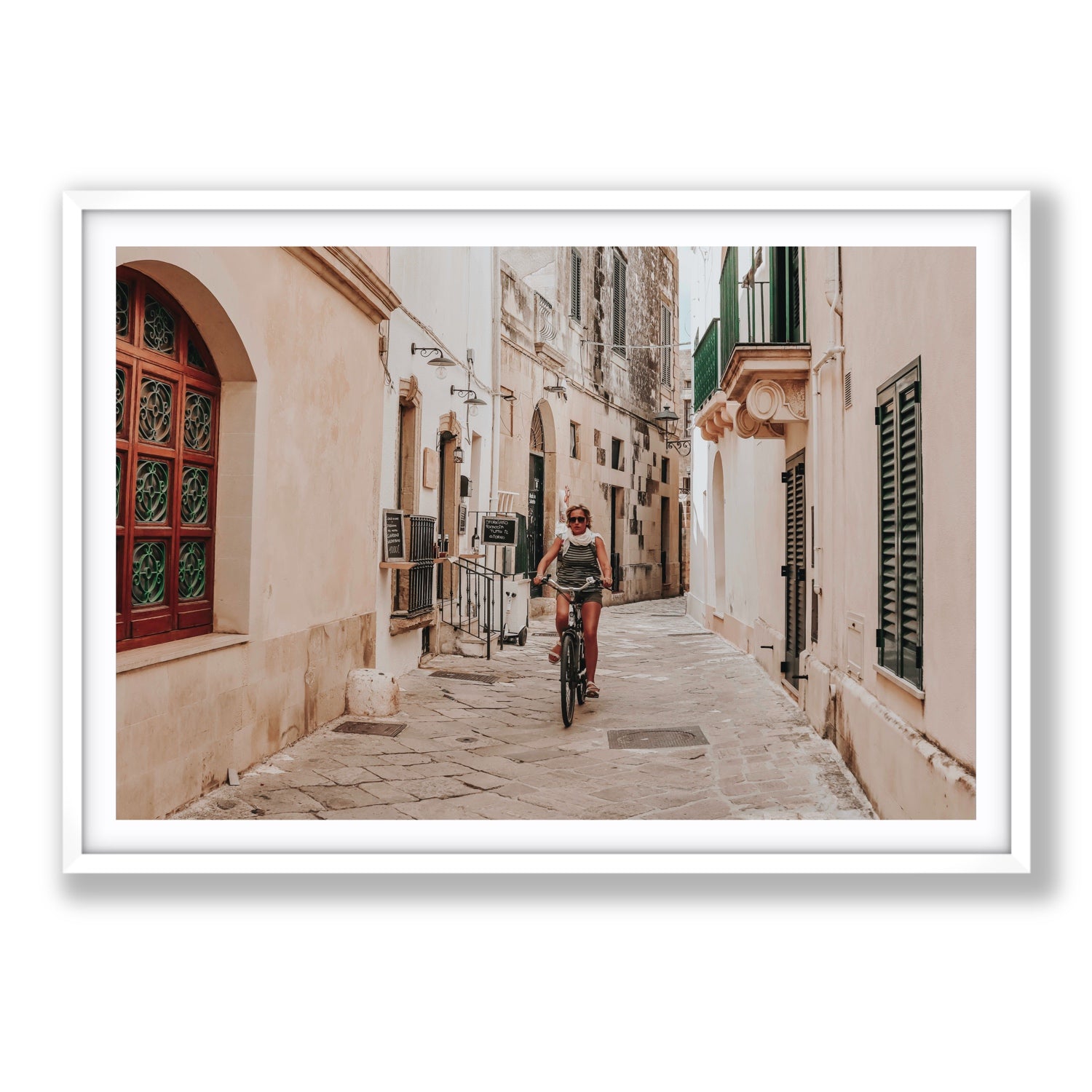 La Donna In Bicicletta Puglia Wall Italian fine art print Statement fine art print in white frame with matboard