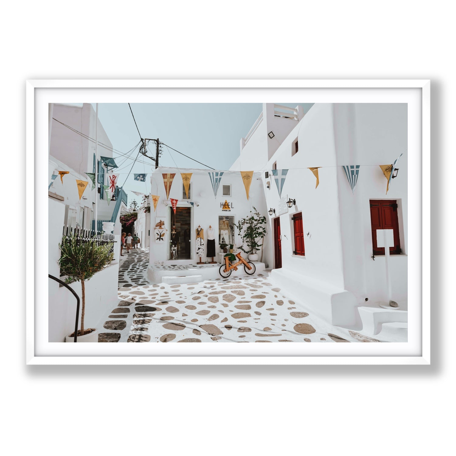 Cruising The Streets Mykonos Greek island wall art Statement fine art print in white frame with matboard