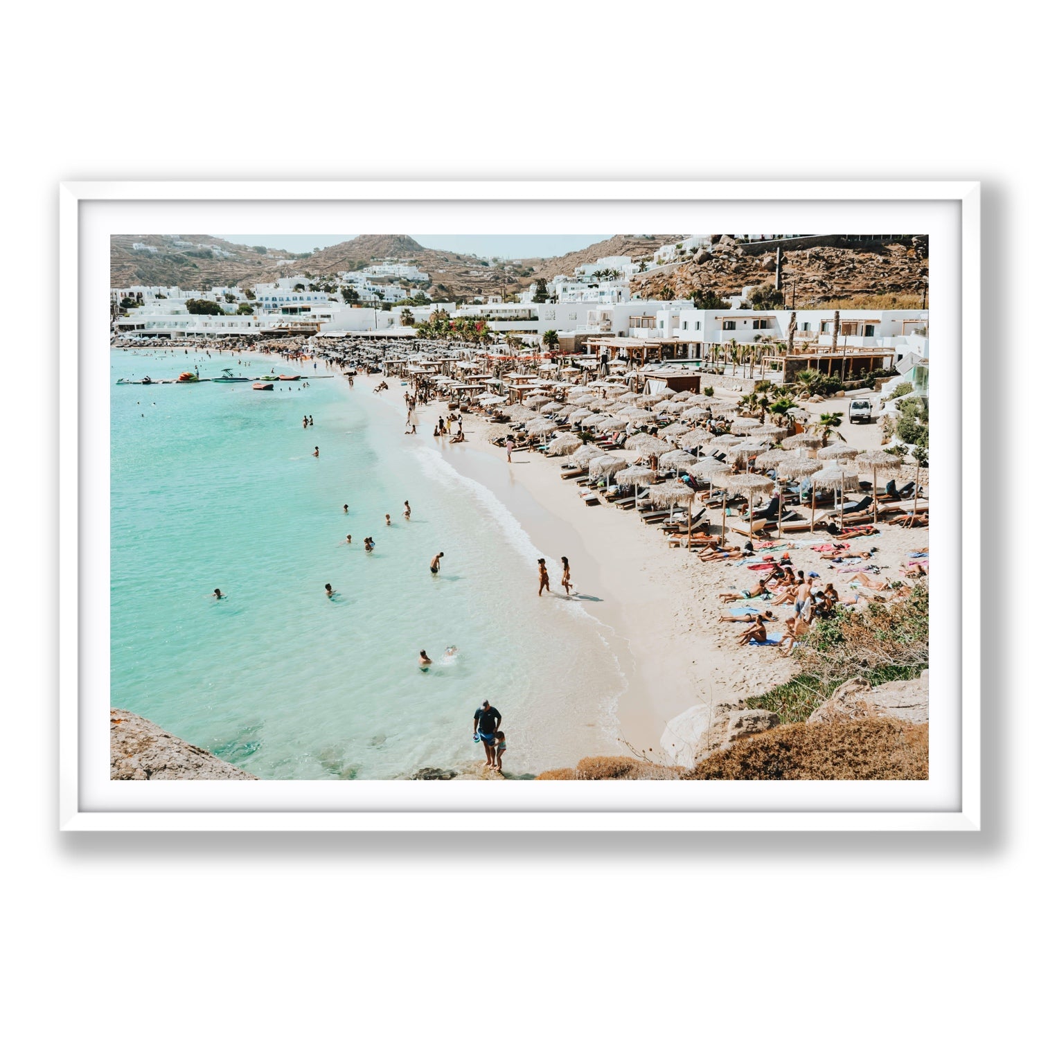 Aquaholic Mykonos Greek island wall art Statement fine art print in white frame with matboard