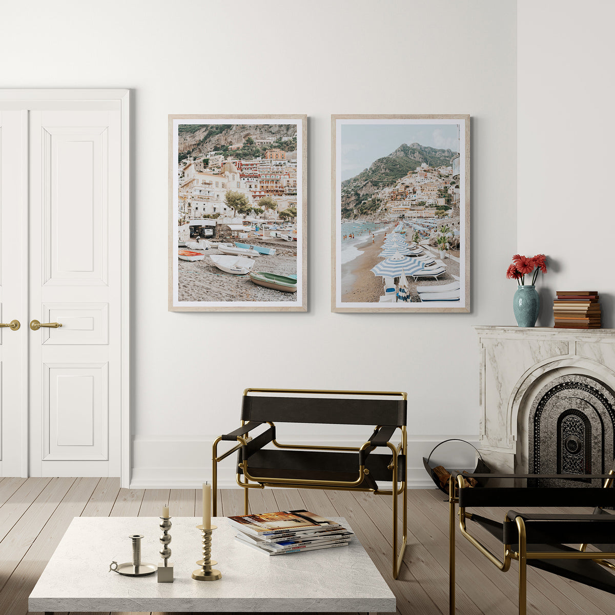A Memory To Treasure + The Cliffeside Village print set styled in a room