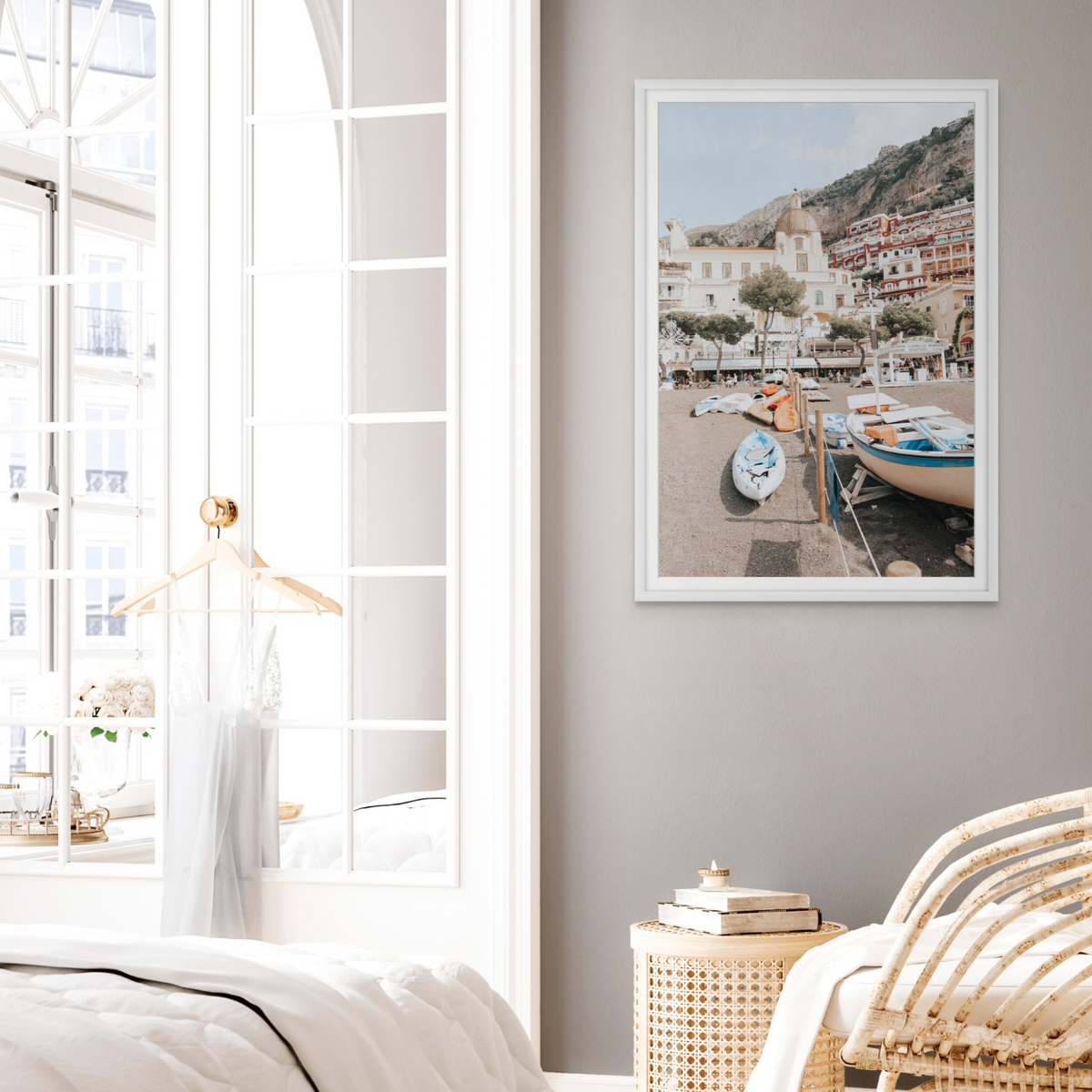 Seaside Hues Positano wall art framed print styled in a room