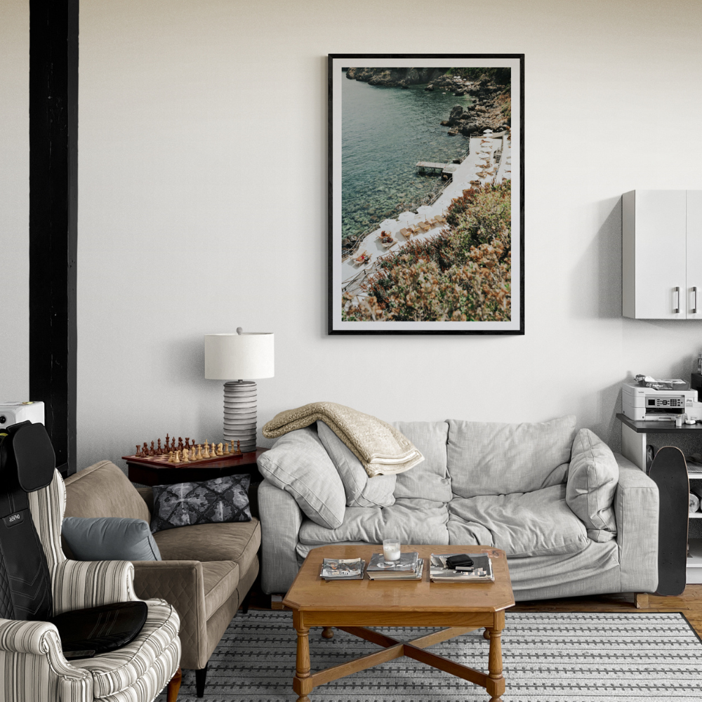 Go Beyond The Postcard Tuscany coastal wall art framed print styled in a room view 3