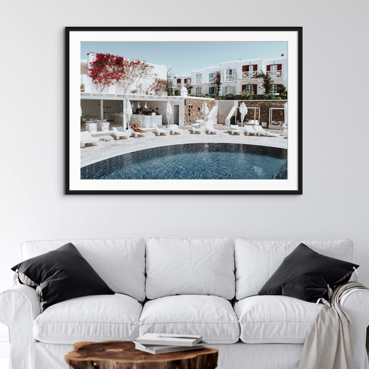 Got The First Lounge Mykonos Greek island wall art framed print styled in a room