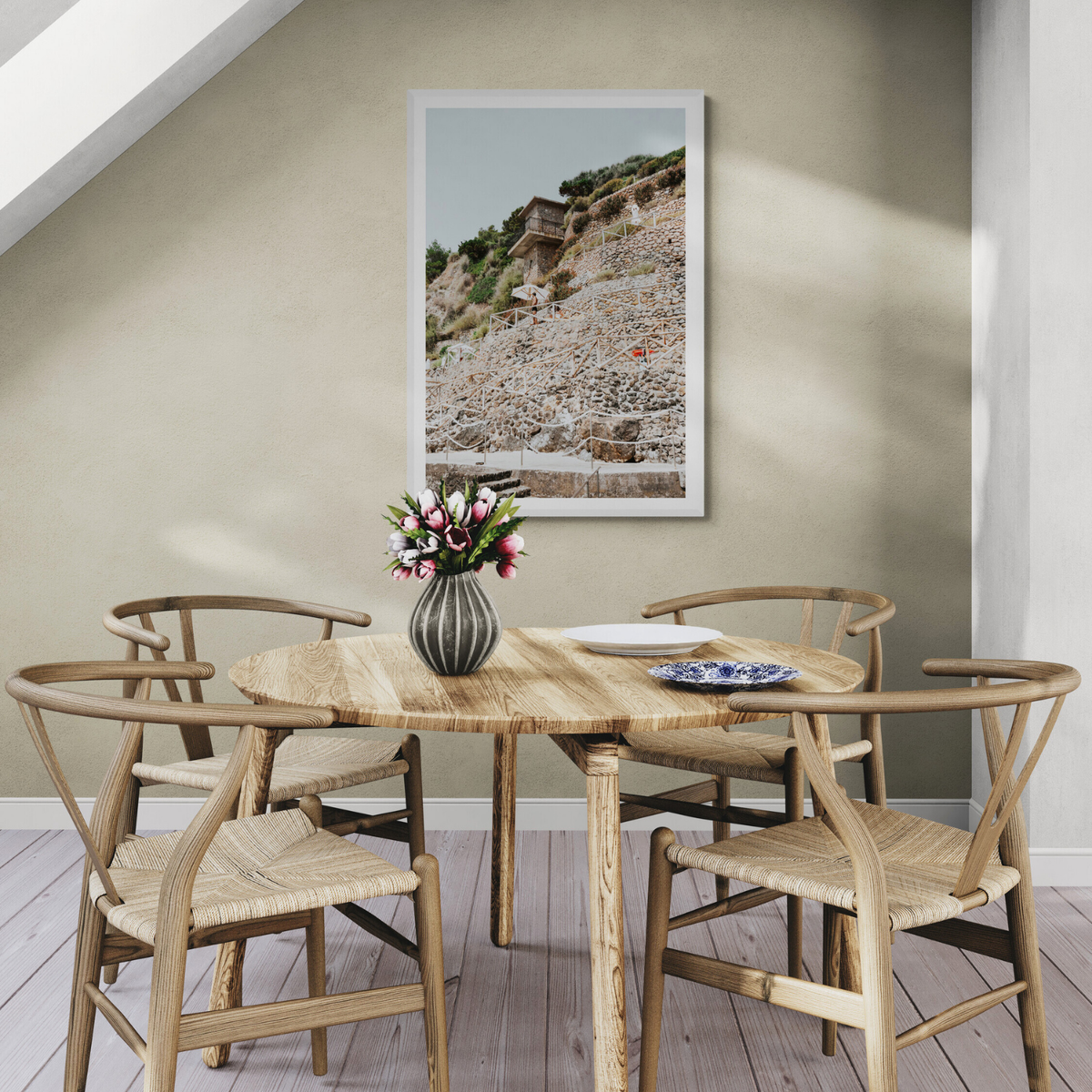 Solitude by the Sea Tuscany coastal Italian wall art framed print styled in a room