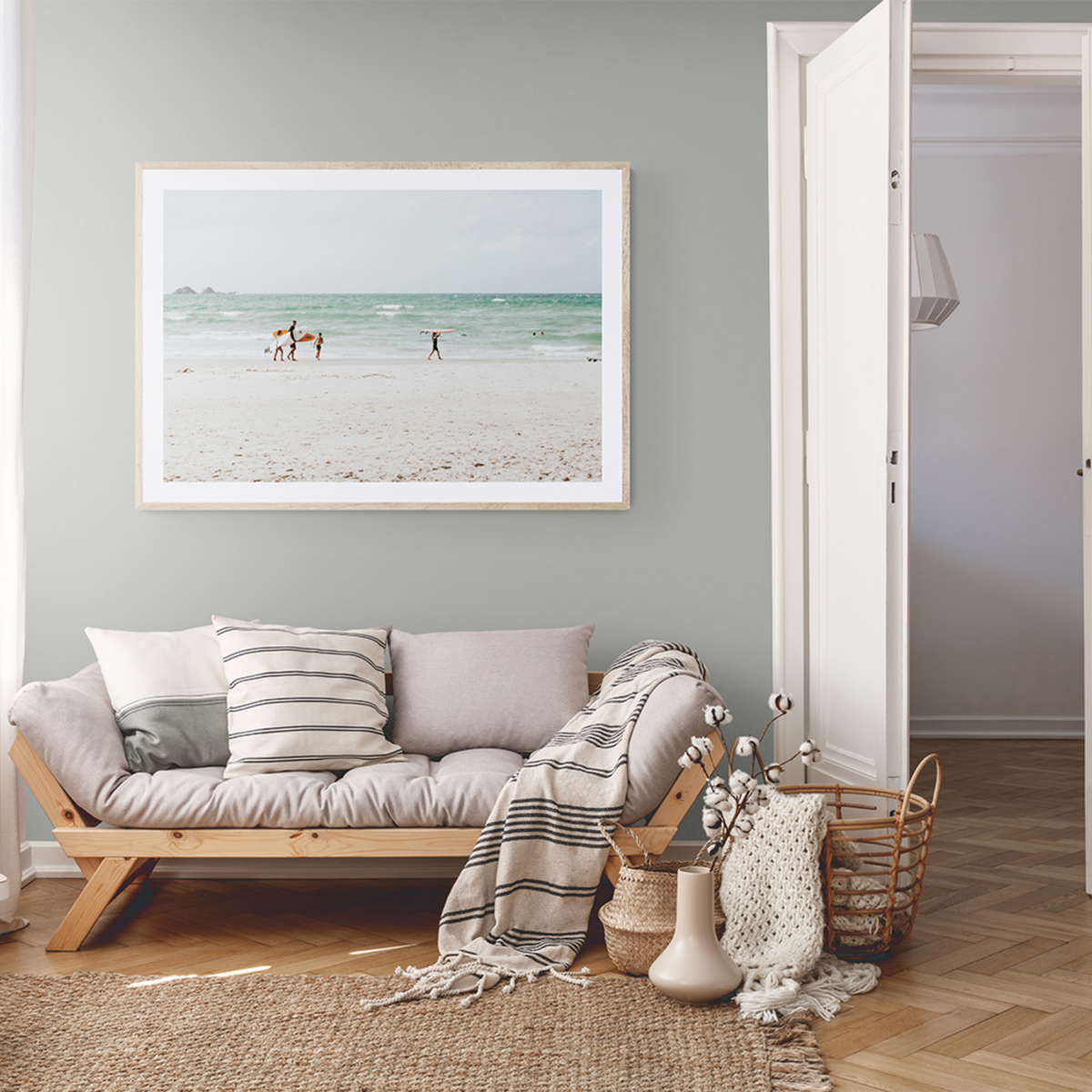 La Famiglia Byron Bay Family Surf coastal wall art framed print styled in a room