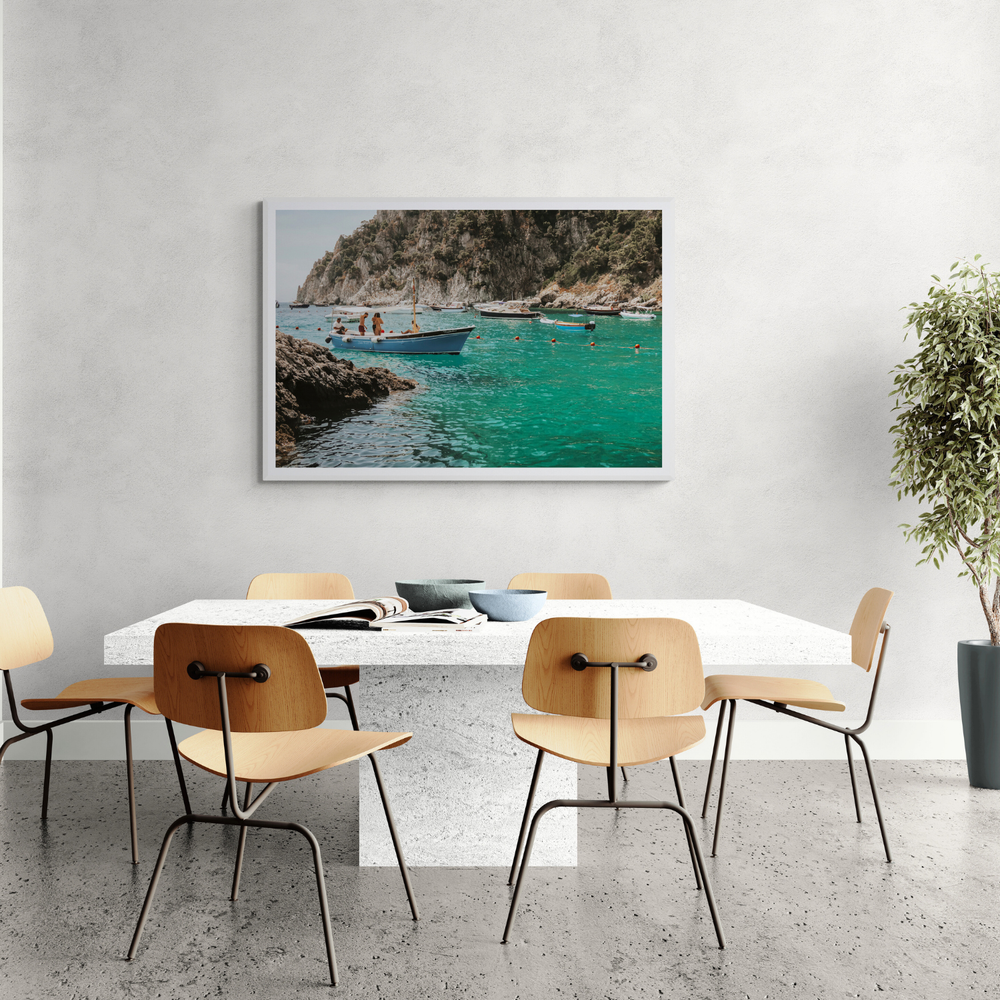 Cozy Cove Capri coastal Mediterranean wall art framed print styled in a room view 2