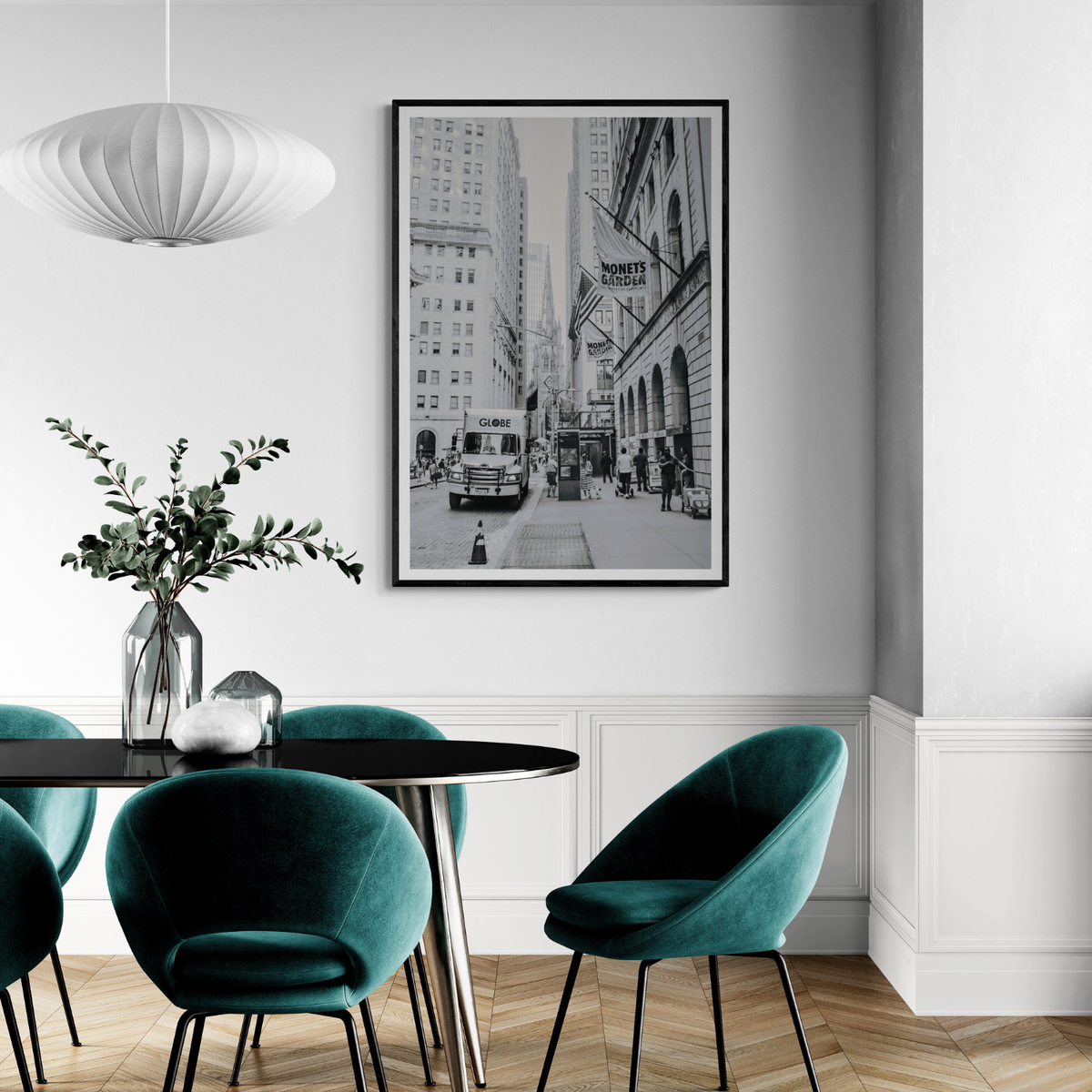 Metropolitan Monotone New York NYC Black & White wall art framed print styled in a room