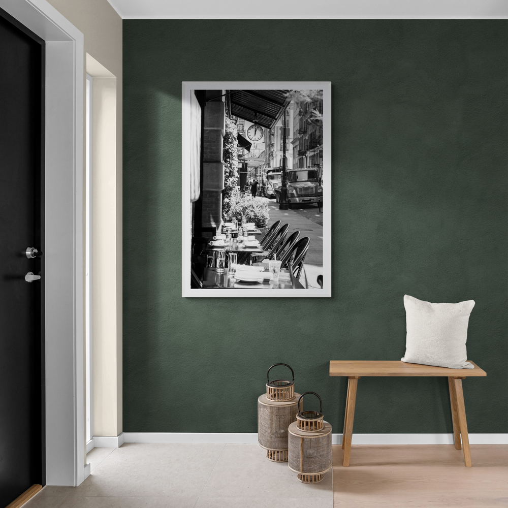 Mercer Street New York NYC Black & White wall art framed print styled in a room view 2
