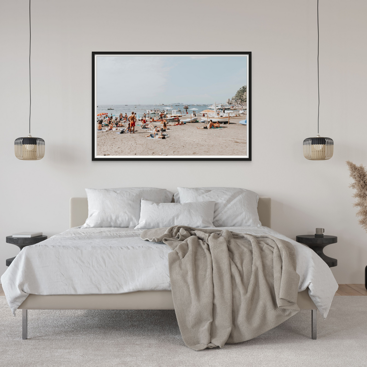 Beachy Vibes Positano wall art framed print styled in a room