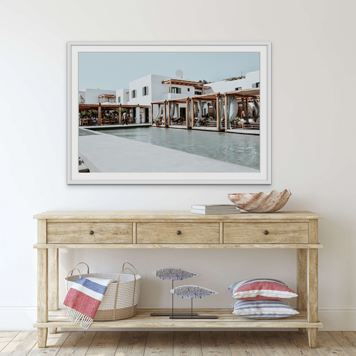 Polytelís Mykonos Greek island wall art framed print styled in a room