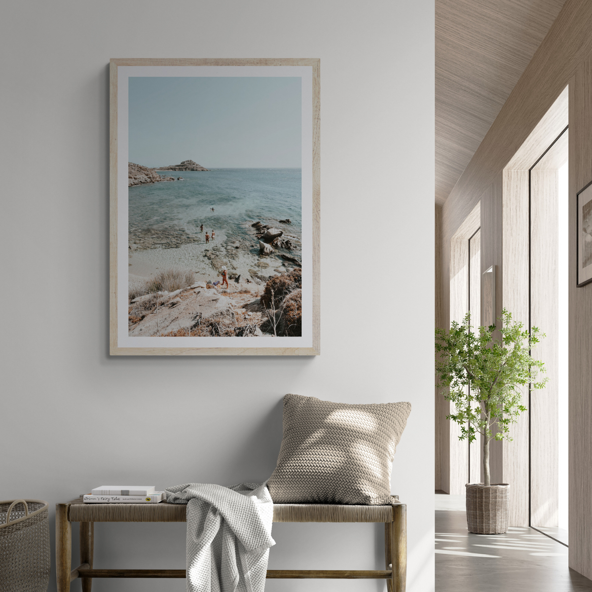 Explorers Mykonos Greek island wall art framed print styled in a room