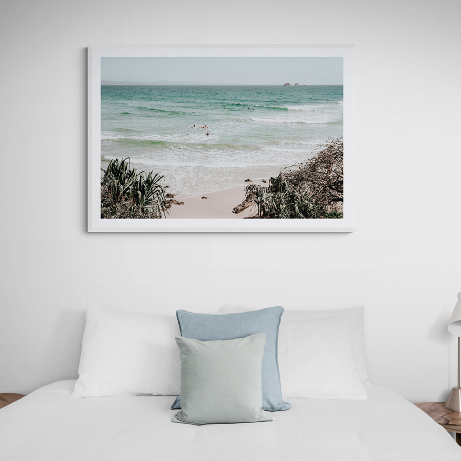 Surf City Byron Bay Surf coastal wall art framed print styled in a room