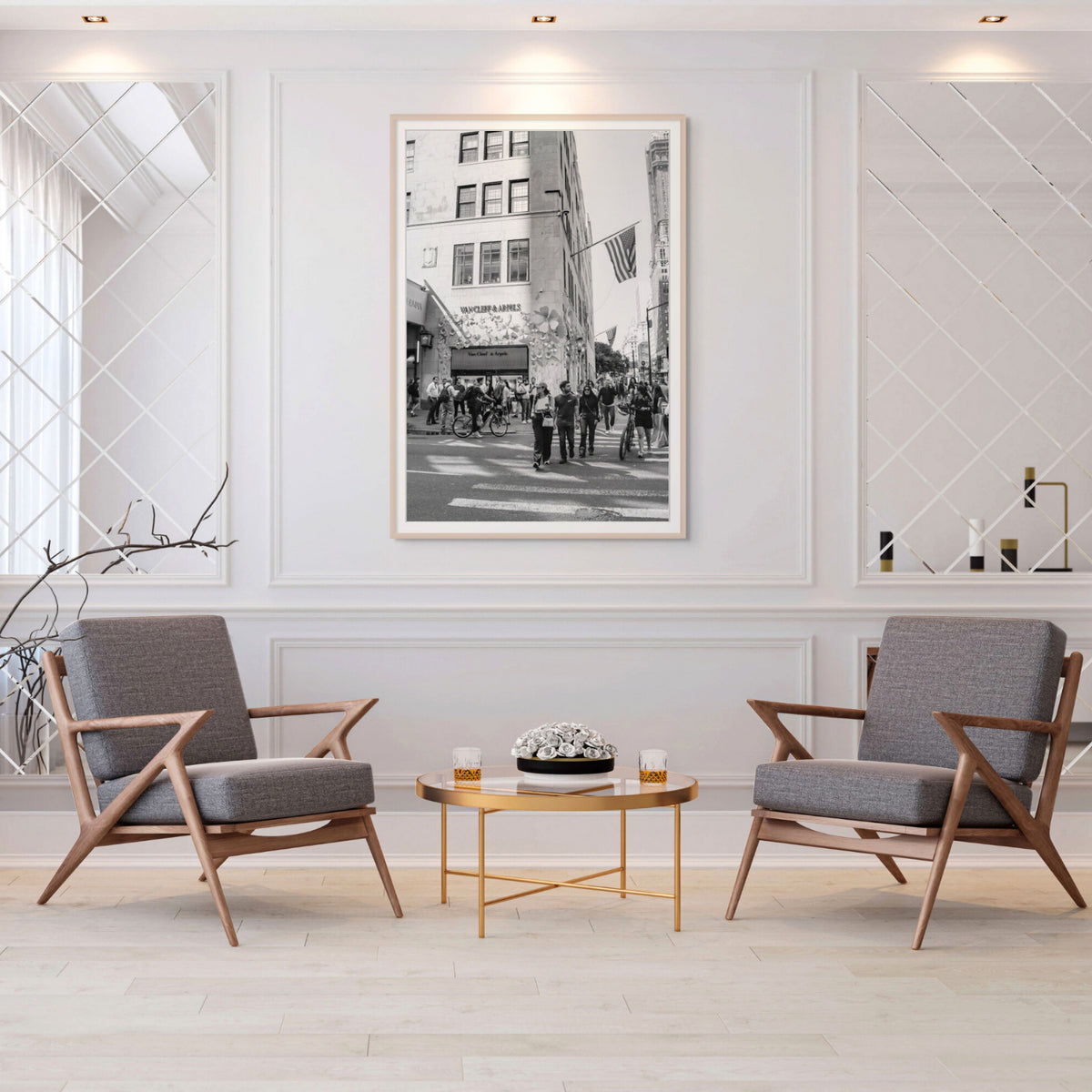 Sidewalk Shuffle framed wall art print styled in a commercial setting