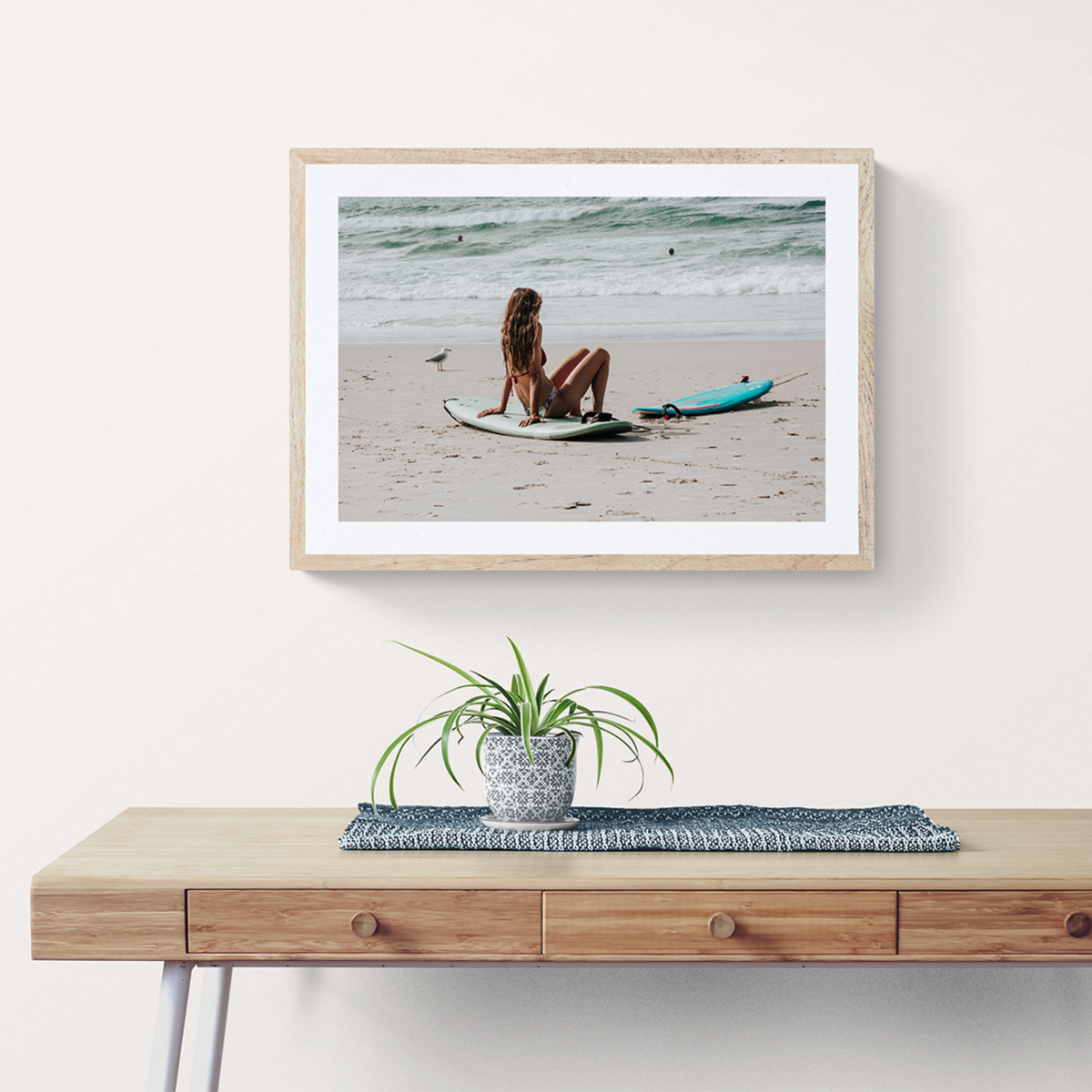 Ciao Bella Byron Bay Surf coastal wall art framed print styled in a room