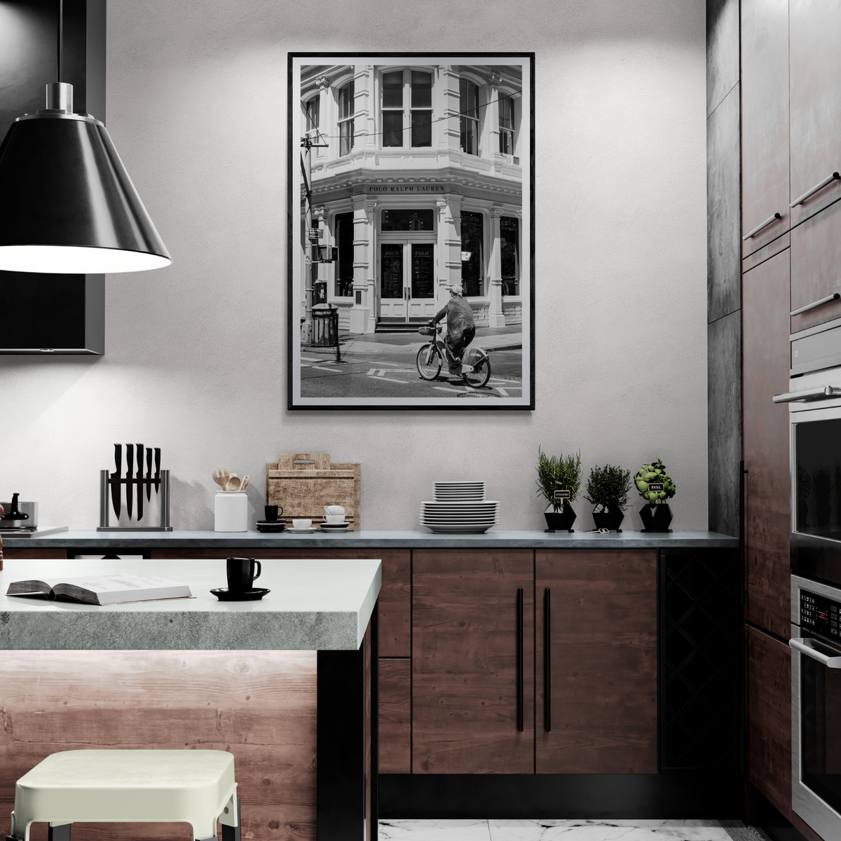 Downtown Rider New York NYC Black & White wall art framed print styled in a room