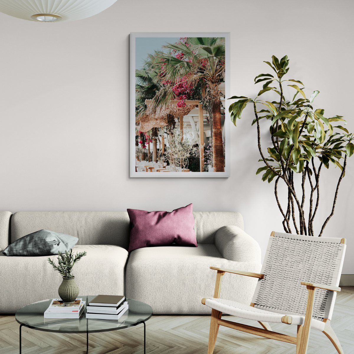 Palm Trees Mykonos Greek island wall art framed print styled in a room view 2