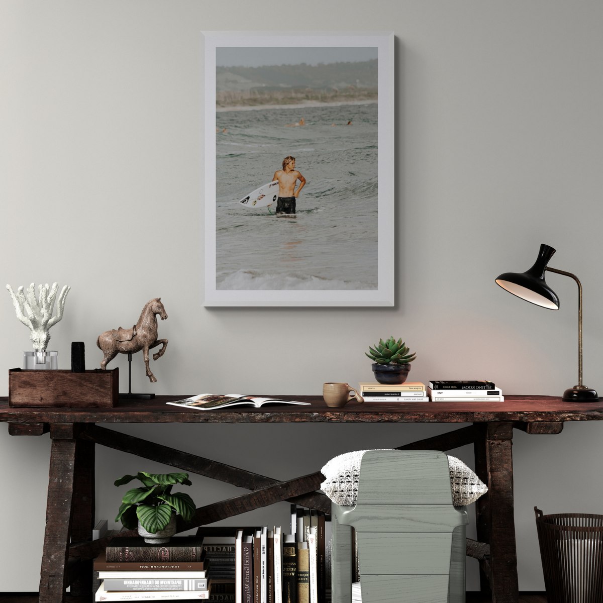 Chasing Mavericks Byron Bay Surf coastal wall art framed print styled in a room