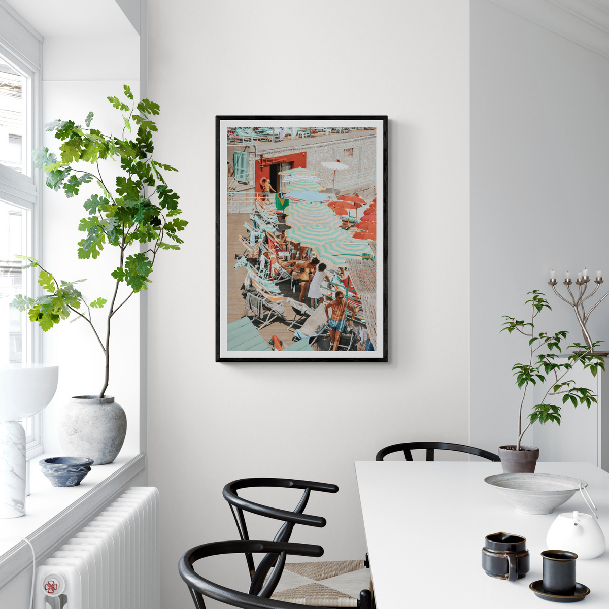 Colourful Canopy Capri Italian beach wall art framed print styled in a room