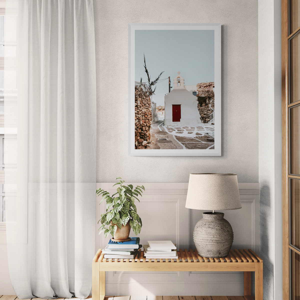 Little Chapel Mykonos Greek island wall art framed print styled in a room