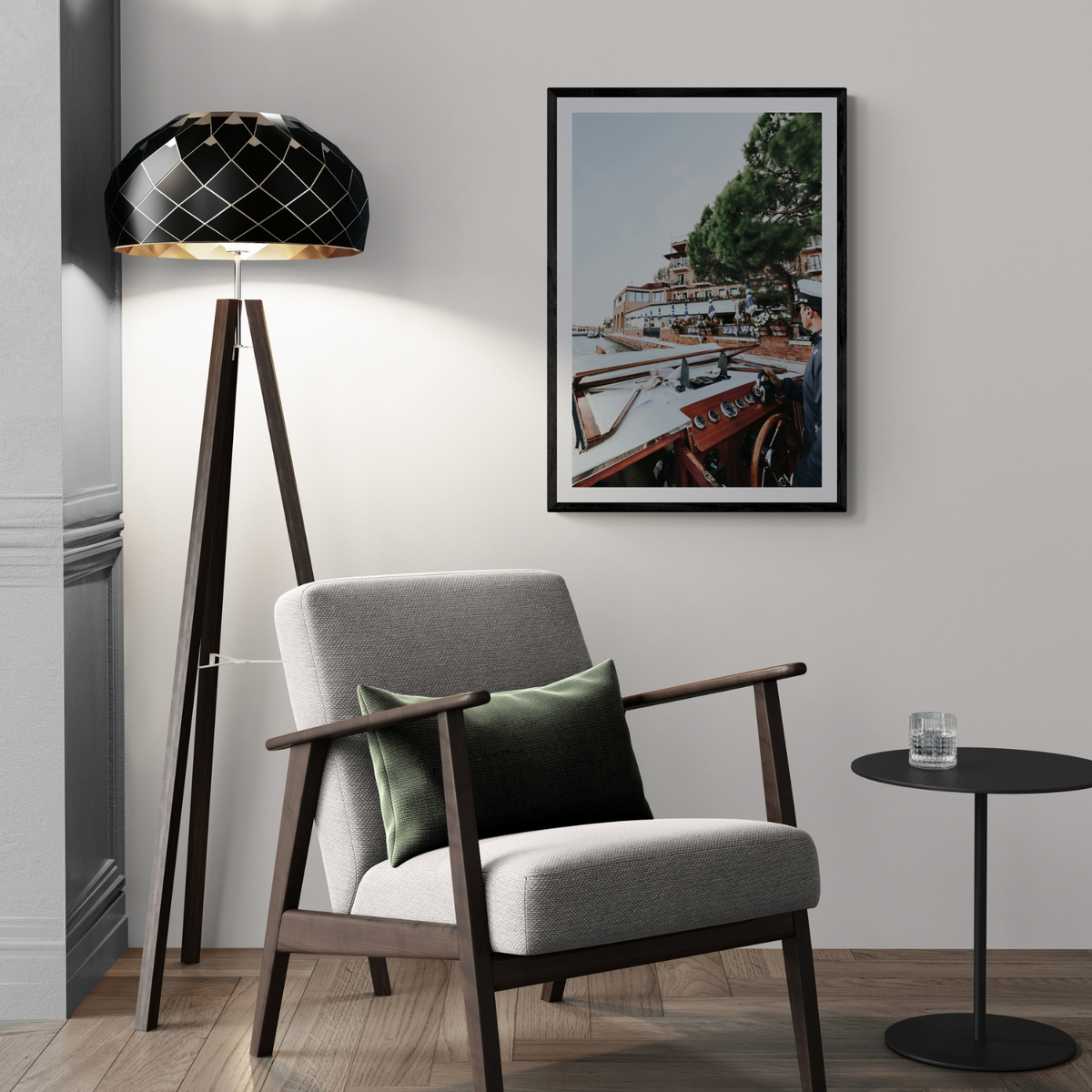 The Driver Venice Canal Italian wall art framed print styled in a room view 3