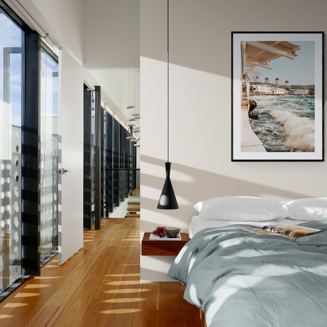 Windmills Mykonos Greek island wall art framed print styled in a room